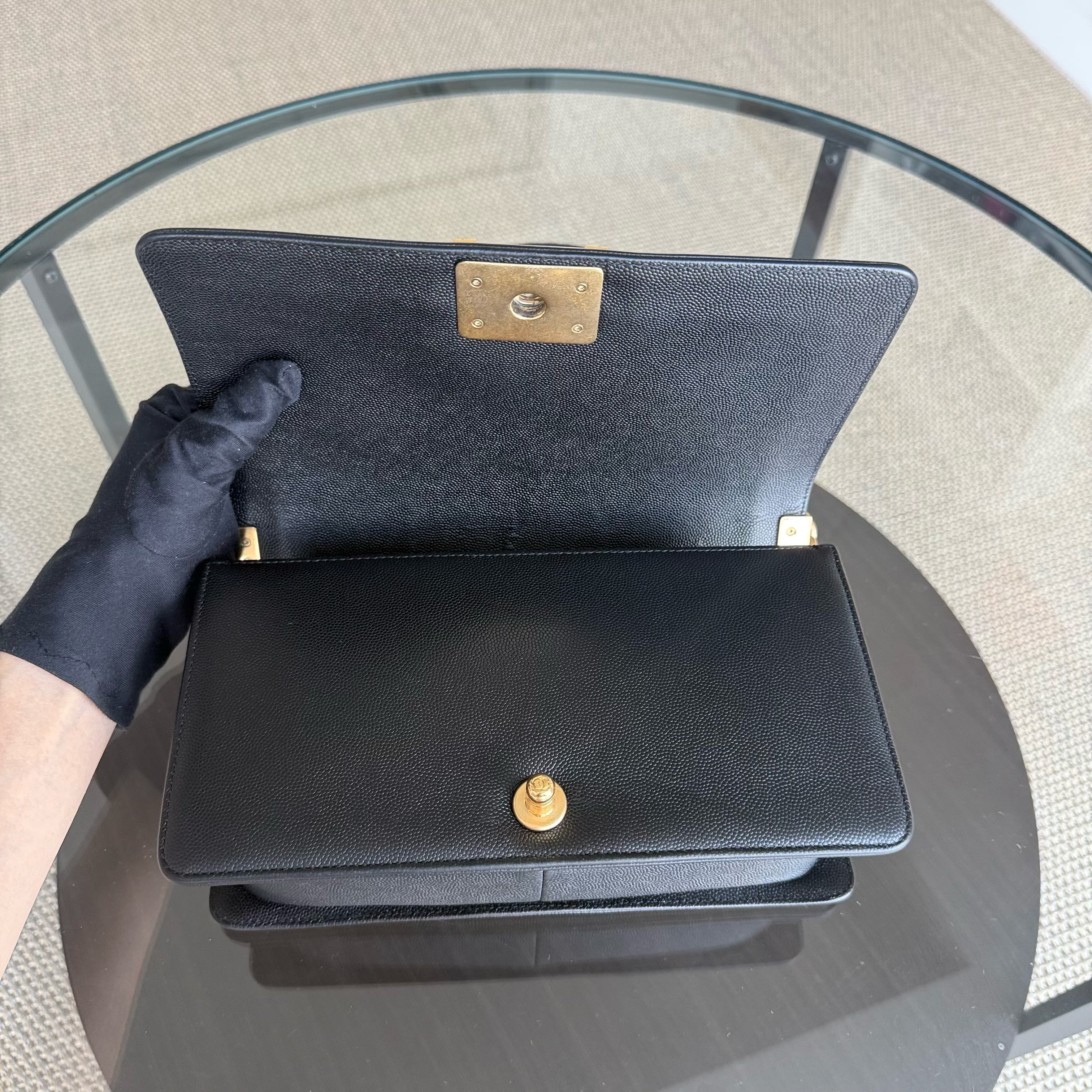Chanel Boy Medium - Caviar 25CM Quilted Grained Calfskin Black Gold Hardware Series 29