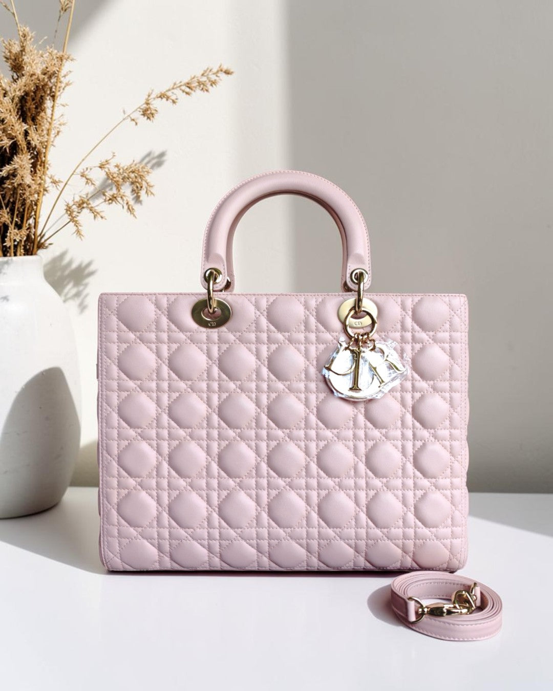 Dior Lady Large - Cannage Lambskin Light Pink Gold Hardware