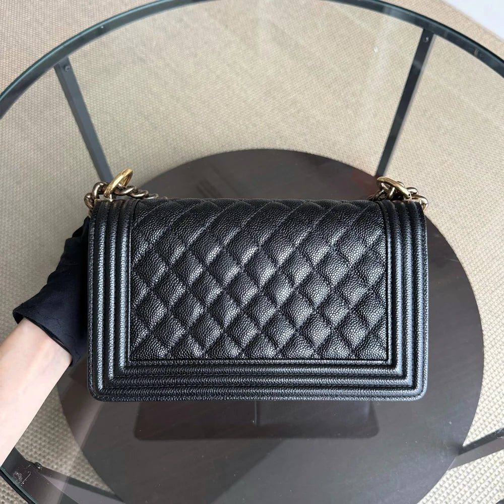 Chanel Boy Medium - Caviar 25CM Quilted Grained Calfskin Black Gold Hardware Series 19