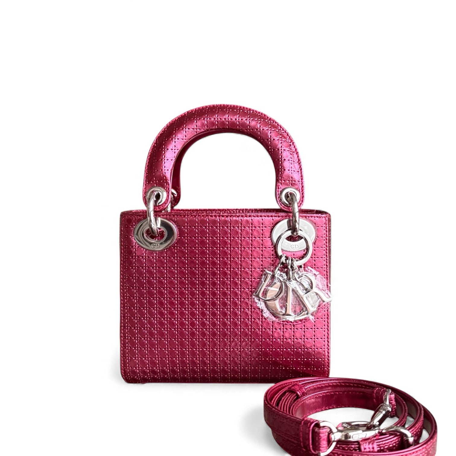 Dior Lady Mini - Calfskin Micro-Cannage Metallic Pink Silver Hardware Adjustable Strap