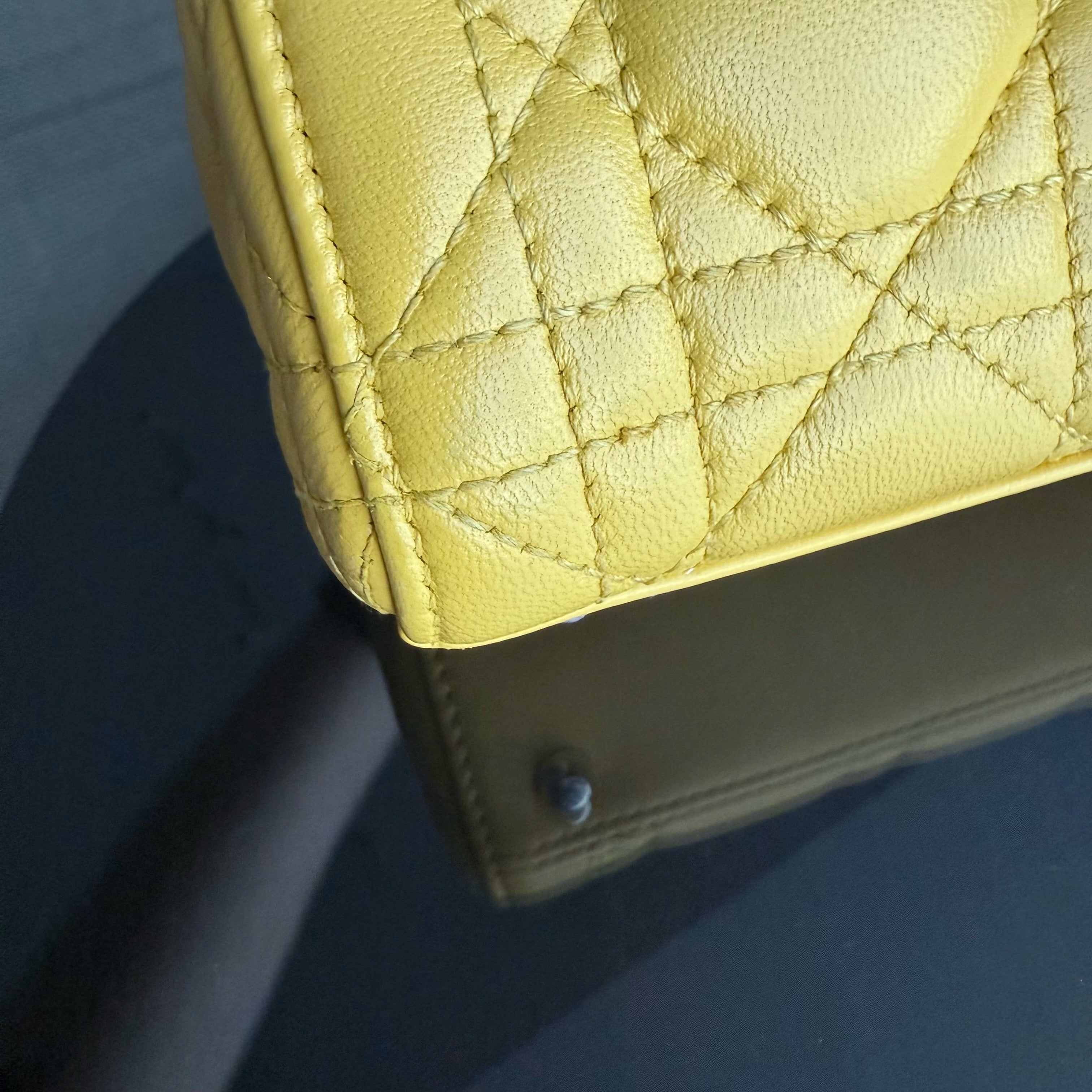 Dior Lady Mini Flap - Cannage Lambskin Yellow Silver Hardware Chain Strap Silver Hardware
