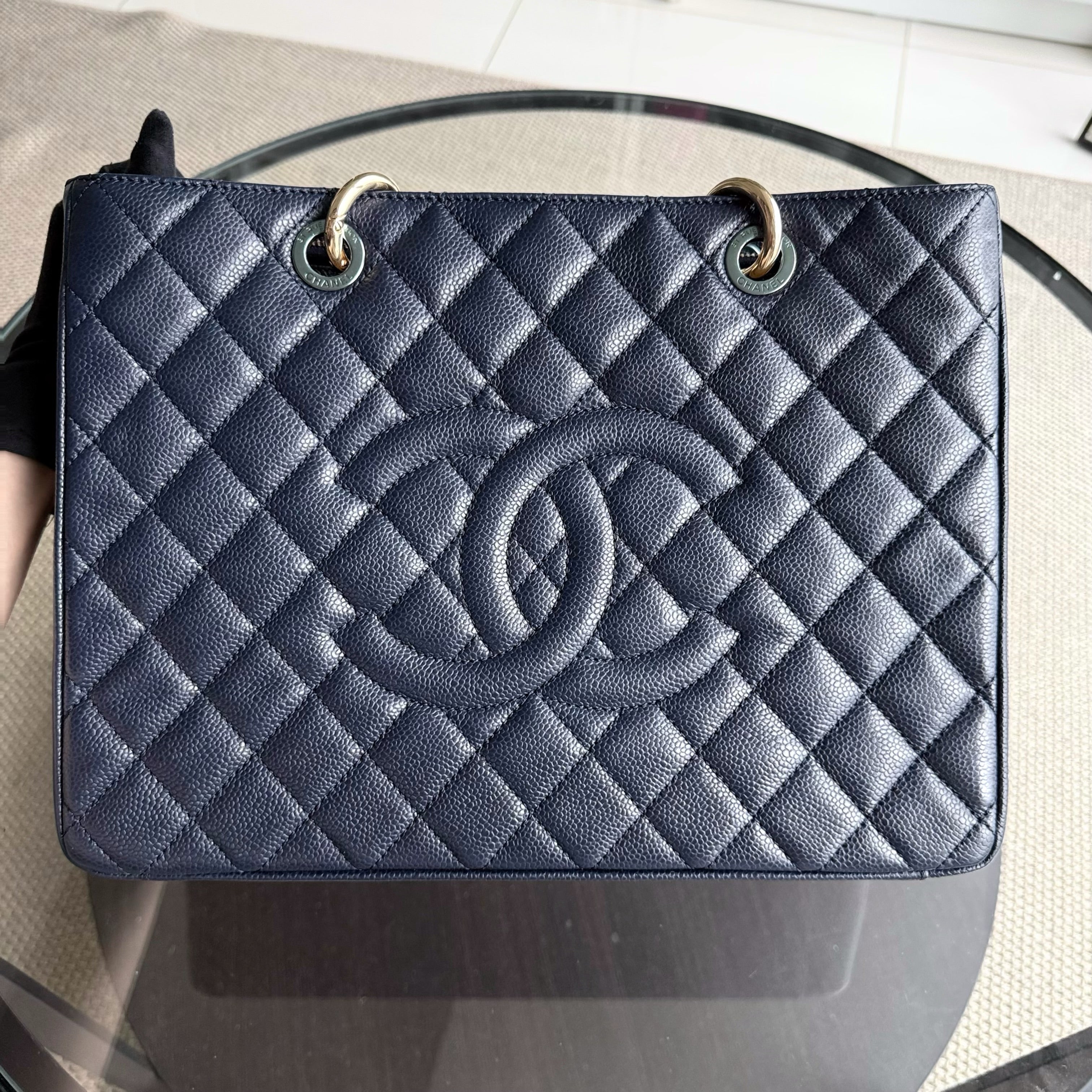 Chanel GST Grand Shopping Tote - Caviar Quilted Grained Calfskin Dark Navy Blue Gold Hardware Series 19