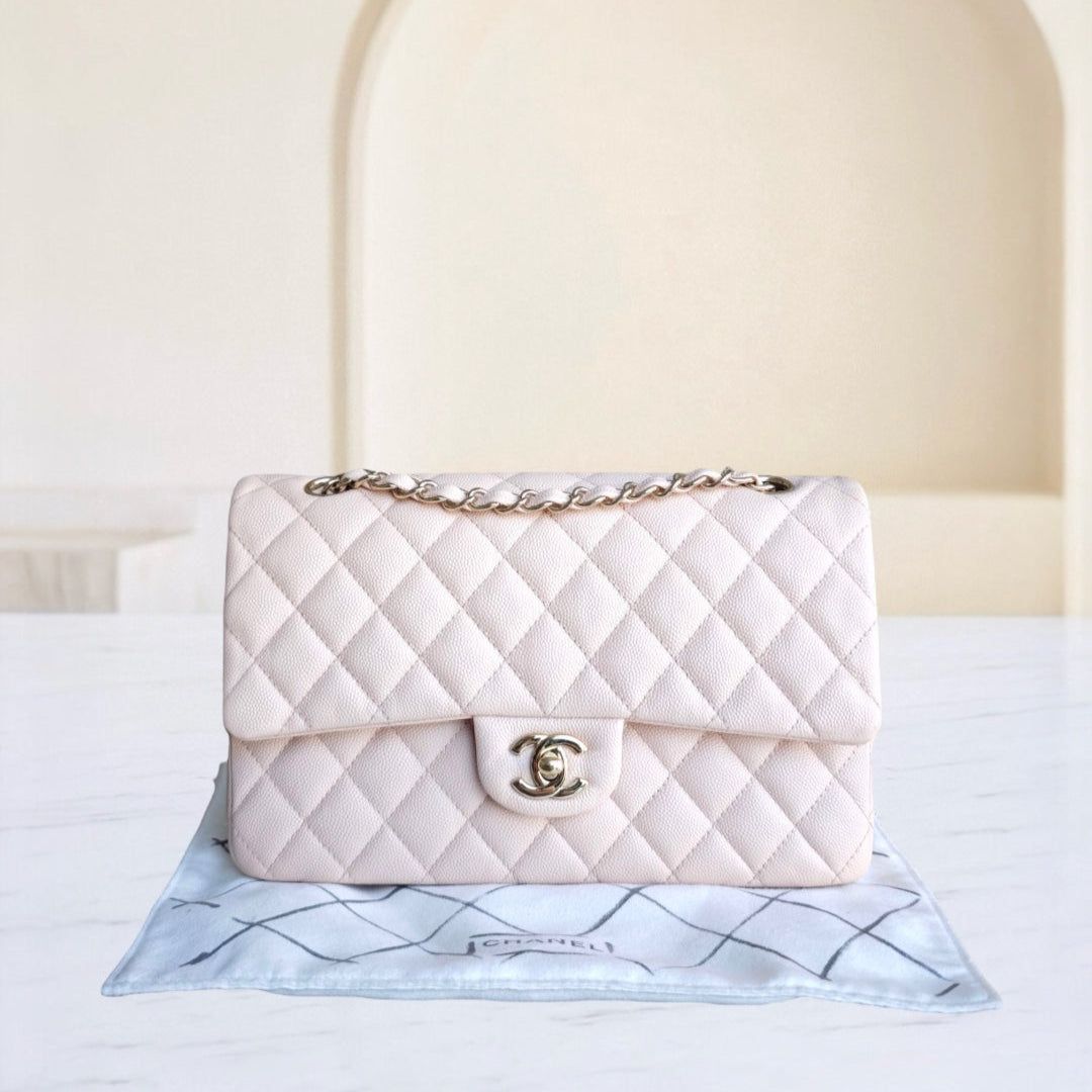 Chanel Classic Flap Medium - Caviar 25CM Quilted Grained Calfskin Light Pink Beige Gold Hardware Microchip