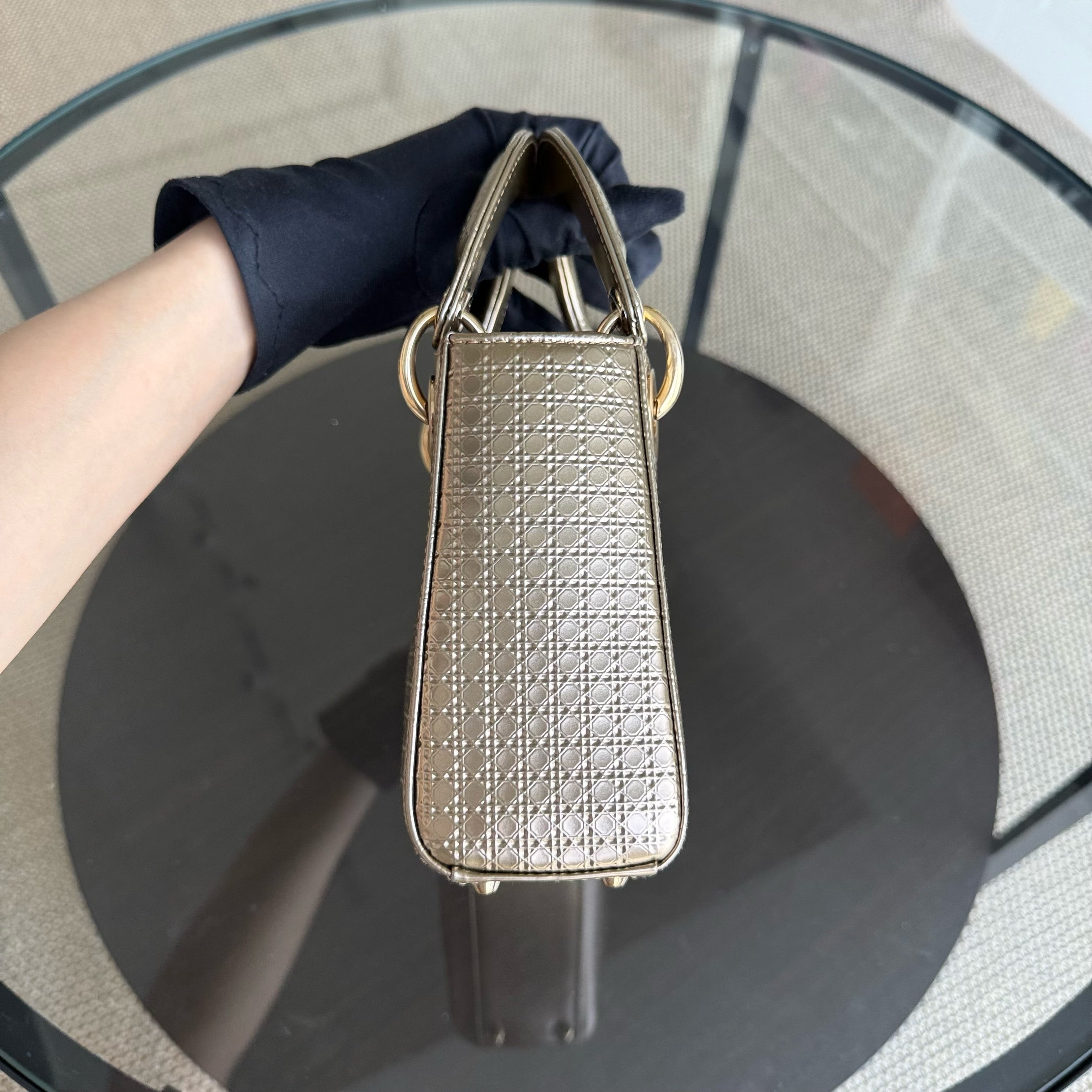 Dior Lady Mini - Calfskin Micro-Cannage Metallic Gold Gold Hardware Chain Strap