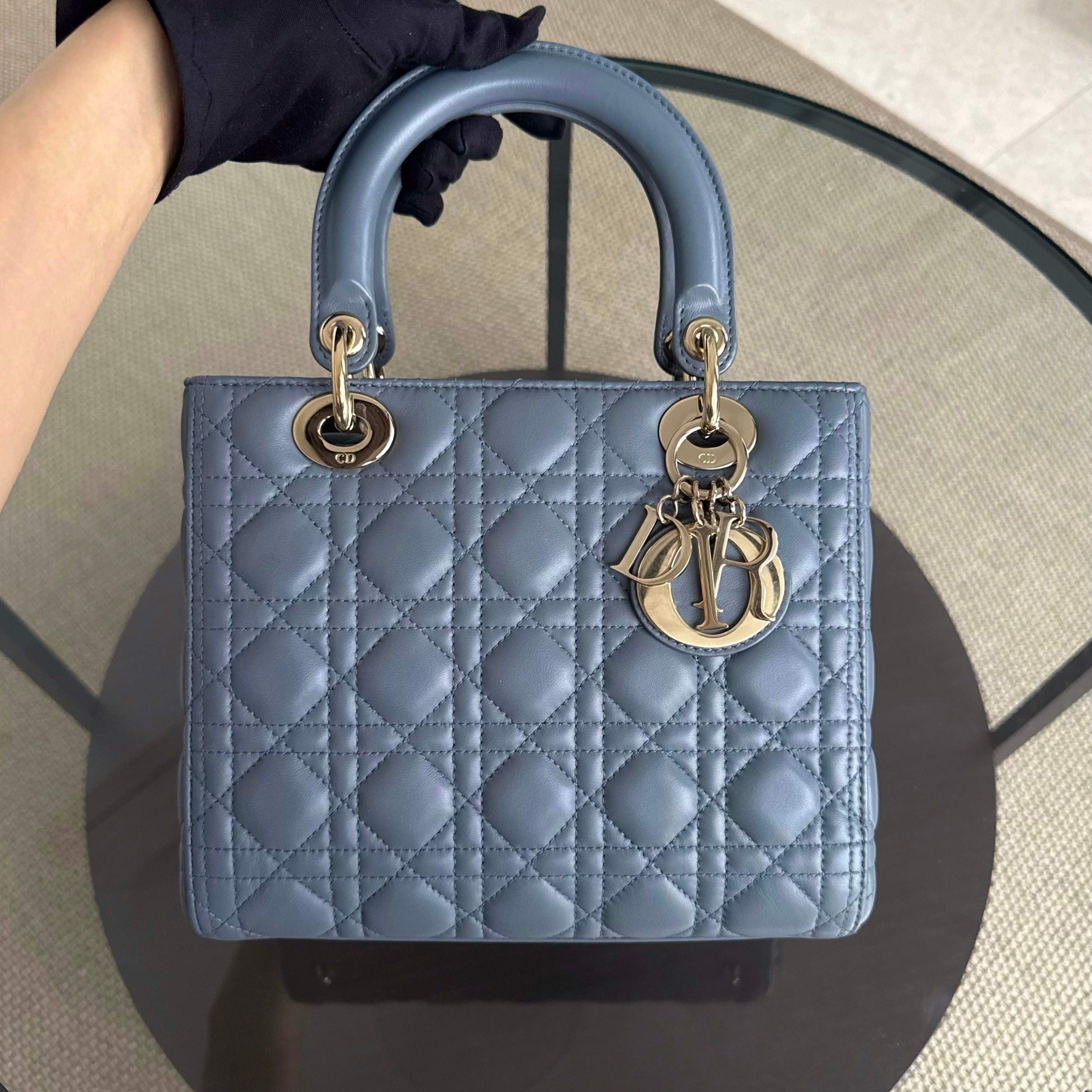 Dior Lady Medium - Cannage Lambskin Haze Blue Gold Hardware Adjustable Strap