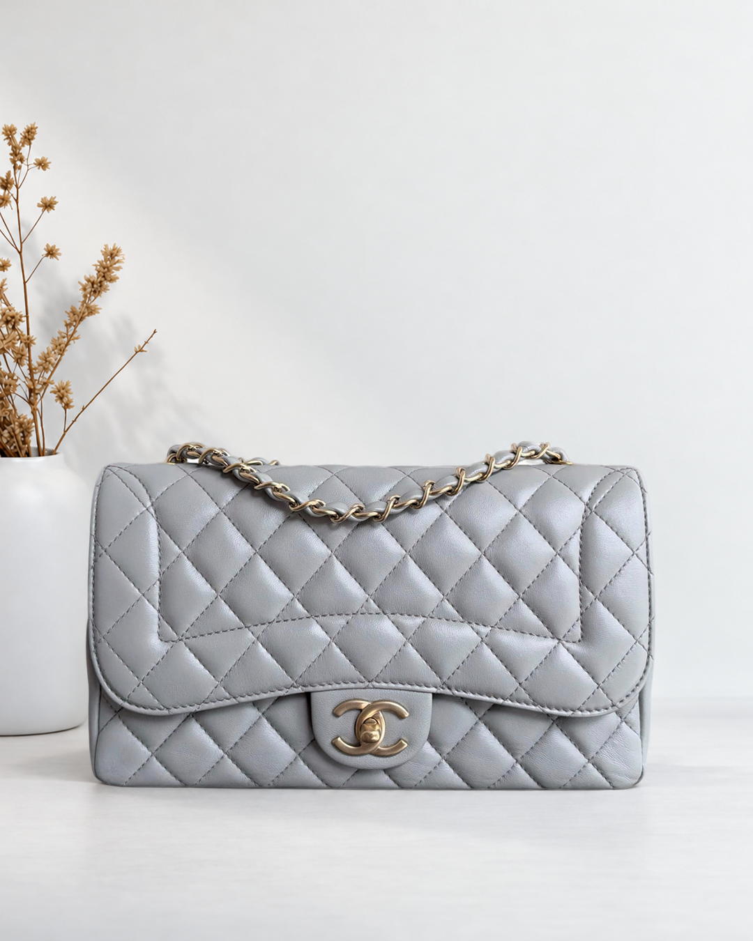 Chanel Chic Flap Seasonal Flap Medium - 25CM Quilted Lambskin Grey Gray Gold Hardware Series 21