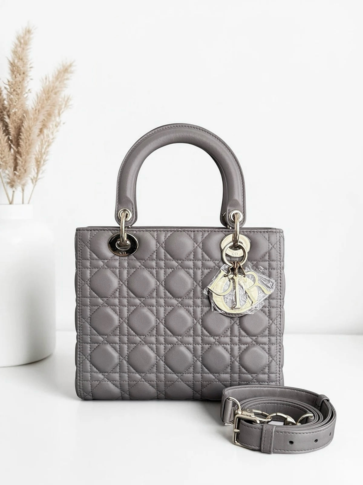 Dior Lady Medium - Cannage Lambskin Gray Grey Gold Hardware Adjustable Strap