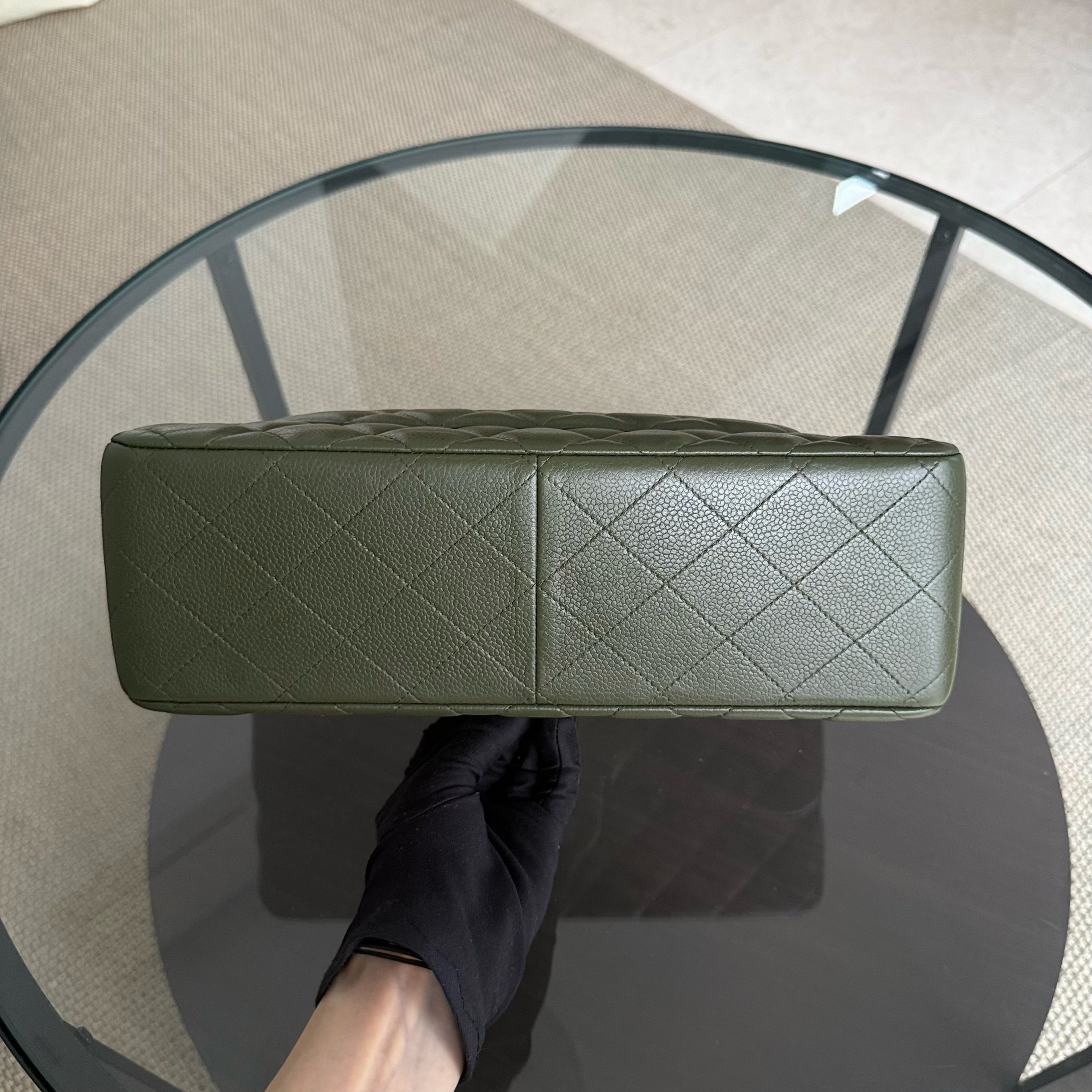Chanel Classic Flap Jumbo - Caviar 30CM Double Flap Quilted Dark Army Green Silver Hardware Series 14