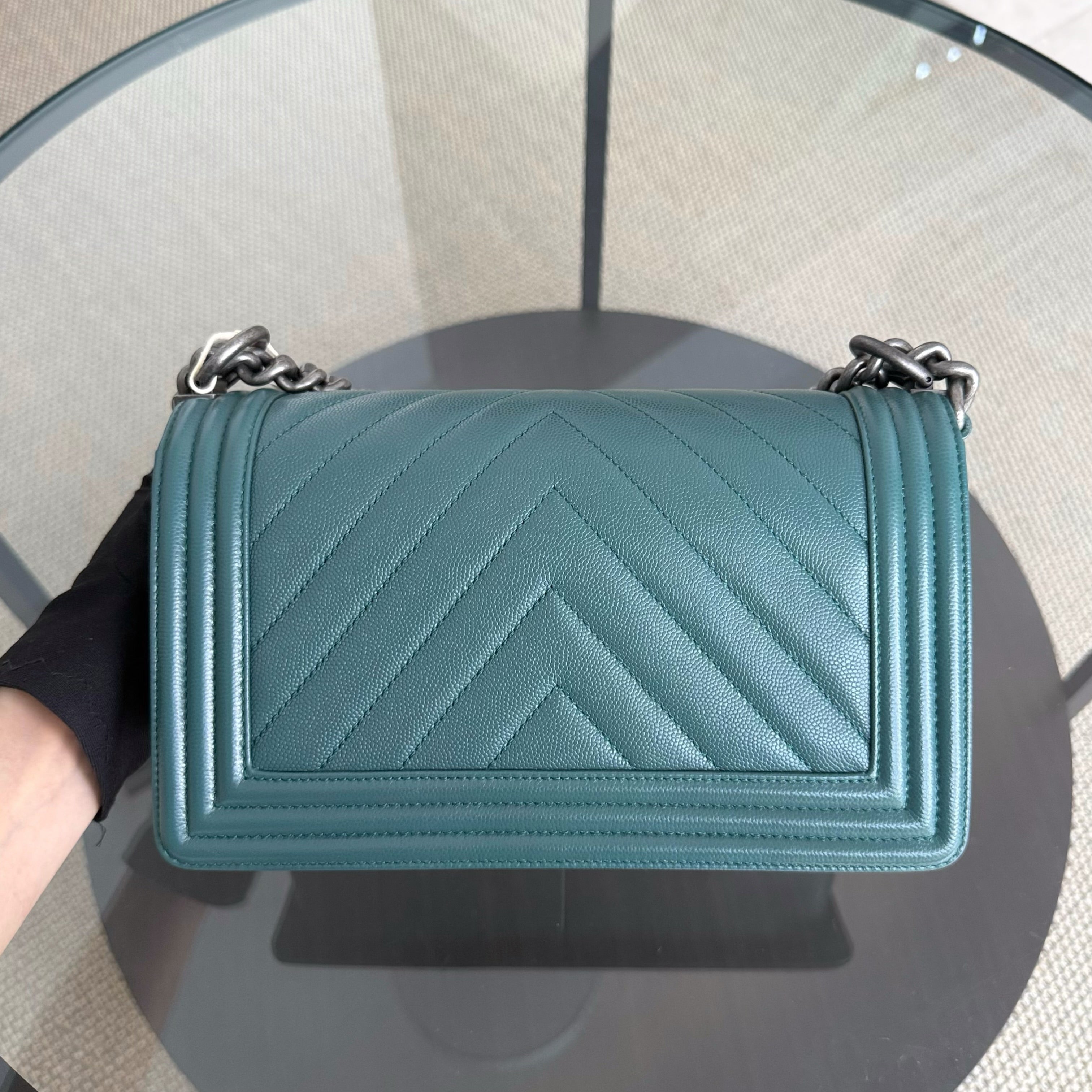 Chanel Boy Medium - Caviar 25CM Chevron Dark Green Ruthenium Silver Hardware Series 24