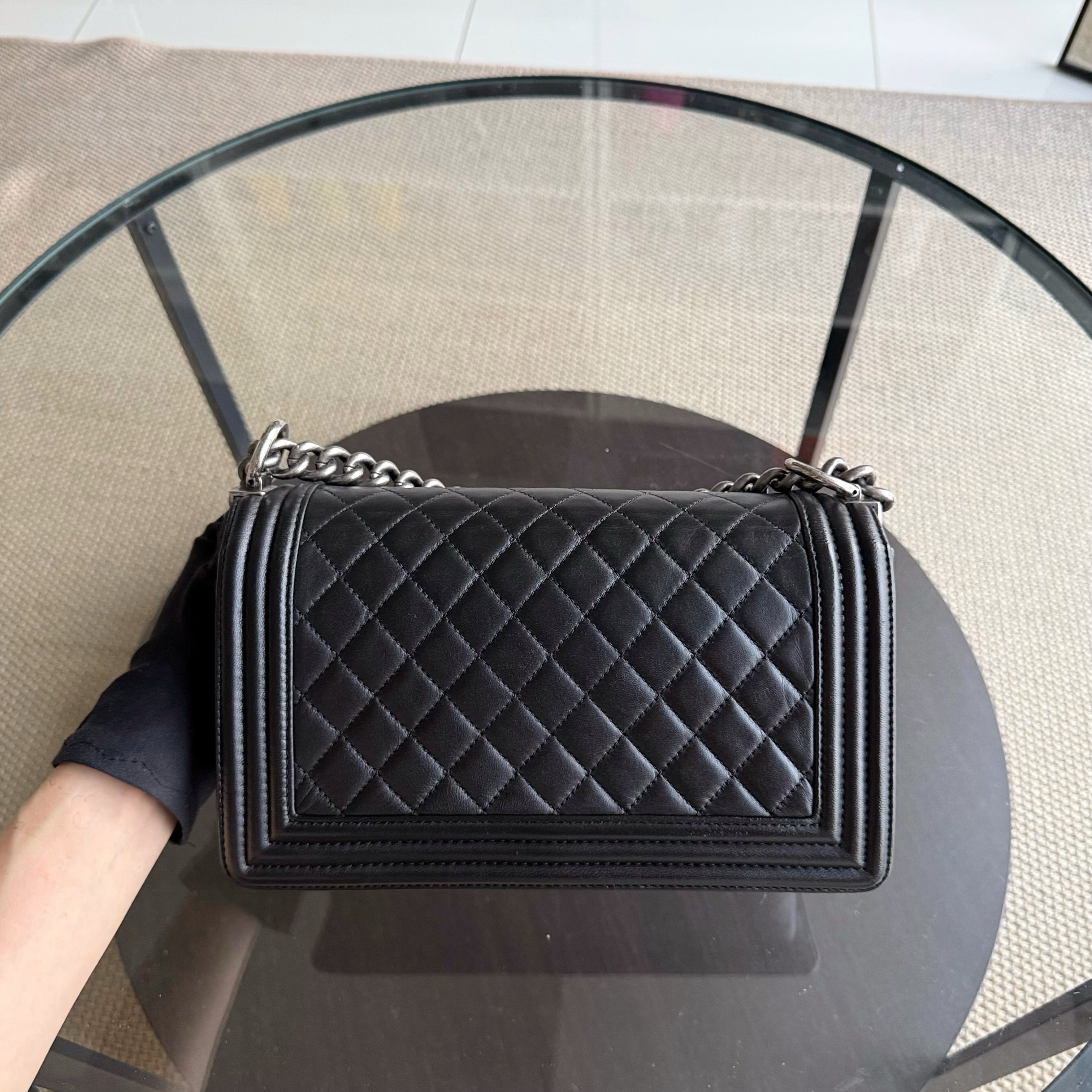 Chanel Boy Old Medium 25CM Quilted Lambskin Black Leboy Ruthenium Silver Hardware