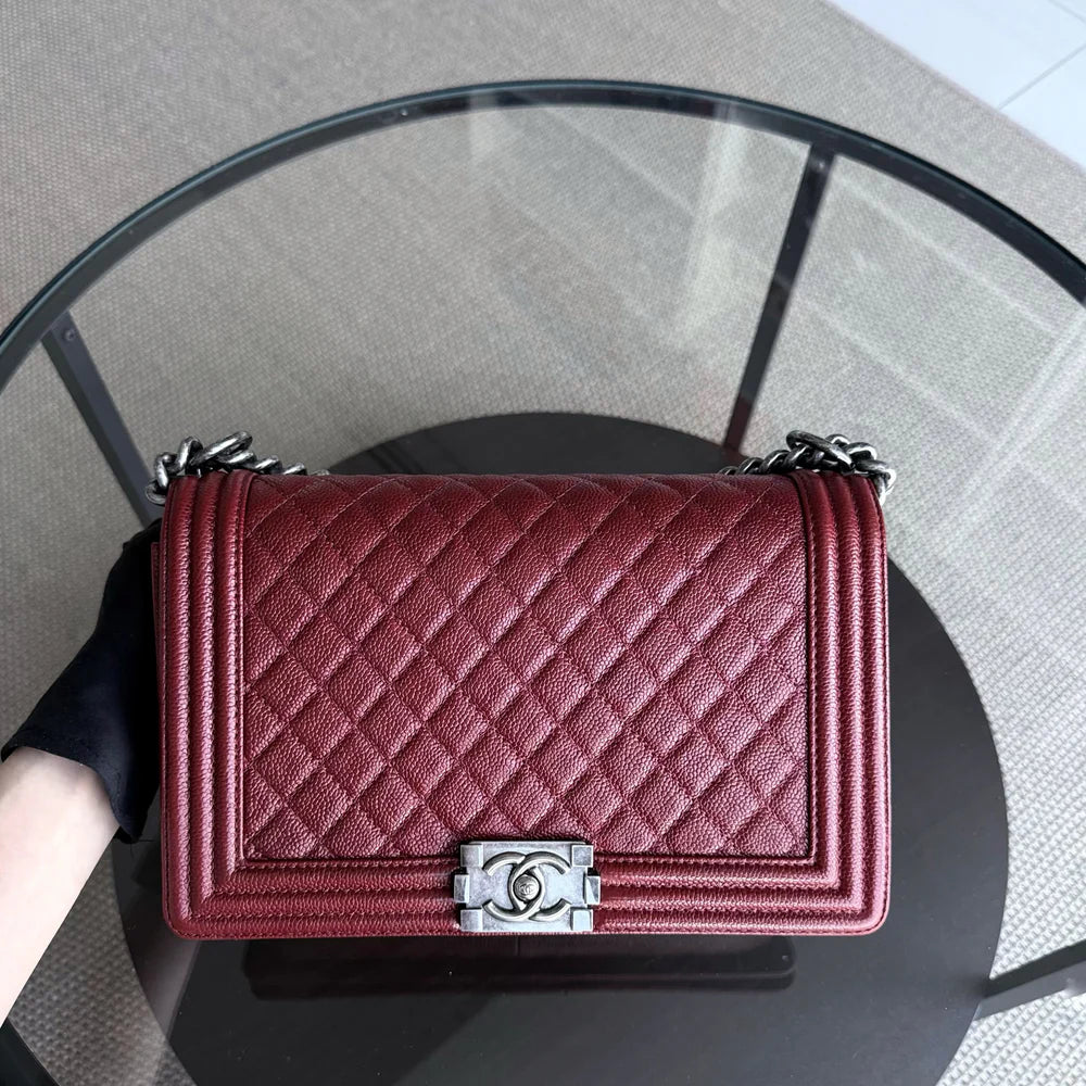 Chanel Boy Medium - 28CM Caviar Quilted Grained Calfskin Burgundy Dark Red Silver Hardware Series 19