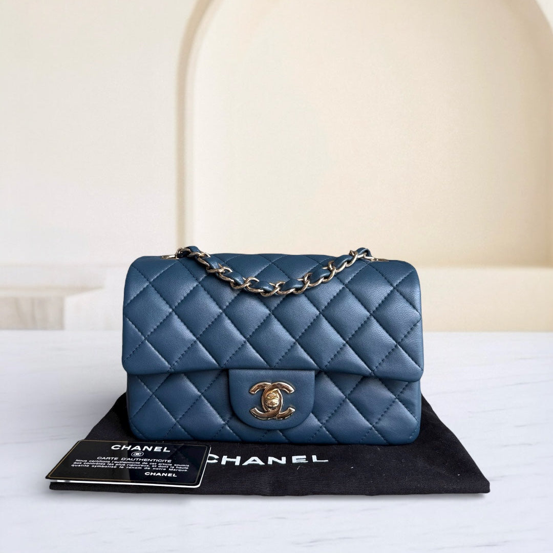 Chanel Lambskin Mini Rectangle Classic Flap - 20CM Quilted Blue Golden Hardware Series 23
