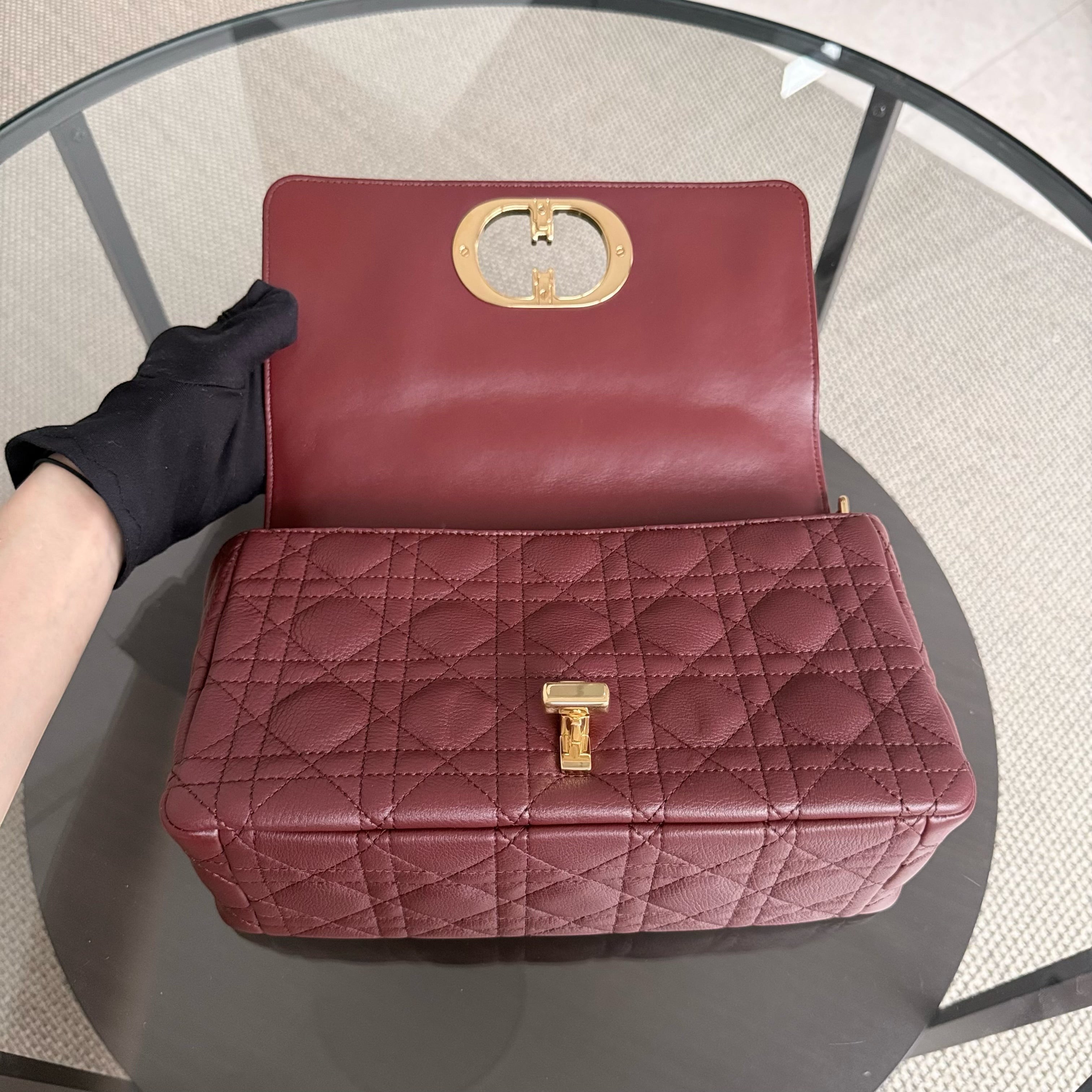 Dior Caro Medium - Cannage Grained Calfskin Burgundy Gold Hardware