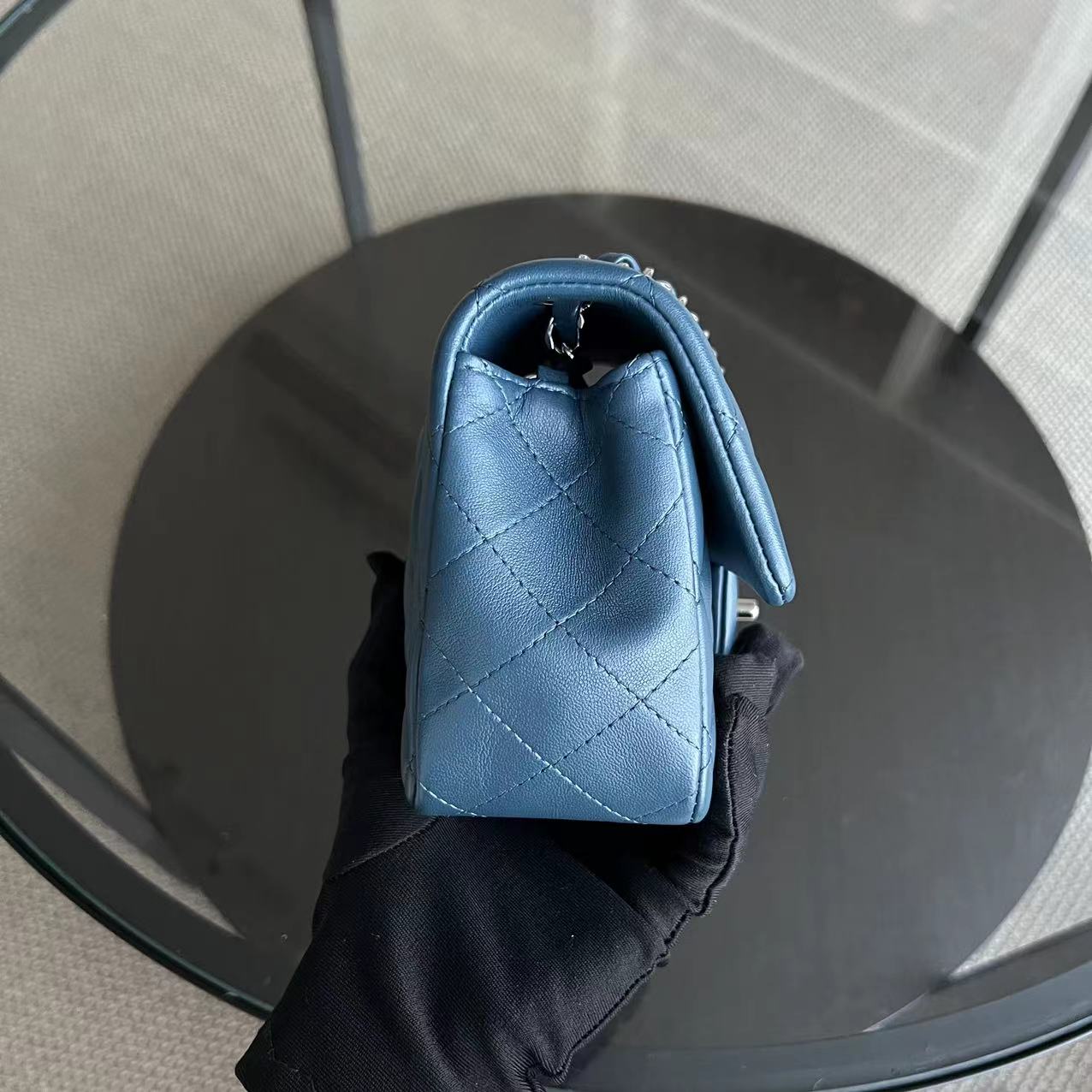 Mini Rectangle Classic Flap 20CM Quilted Lambskin Dark Blue Silver Hardware Series 28