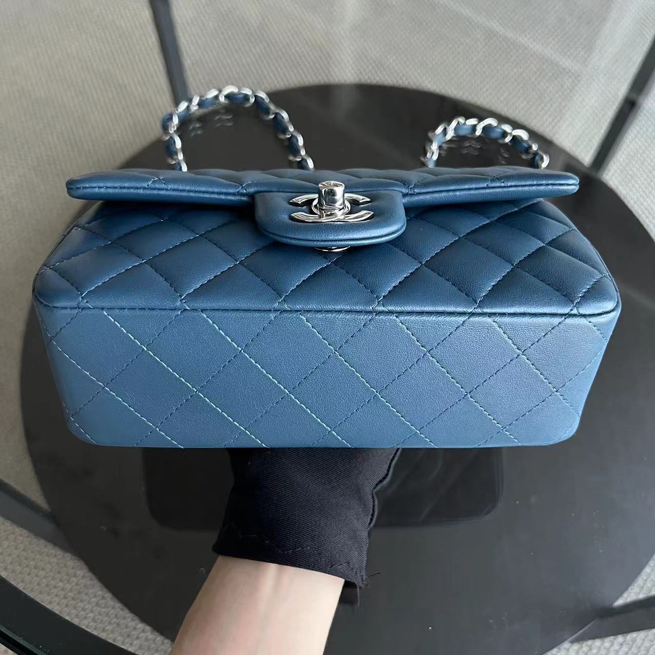 Mini Rectangle Classic Flap 20CM Quilted Lambskin Dark Blue Silver Hardware Series 28
