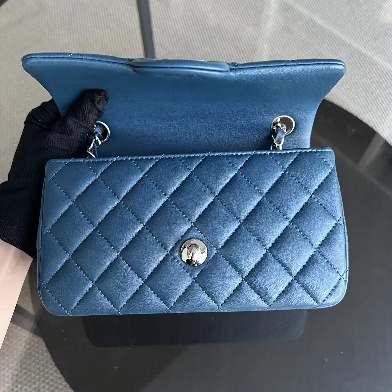 Mini Rectangle Classic Flap 20CM Quilted Lambskin Dark Blue Silver Hardware Series 28
