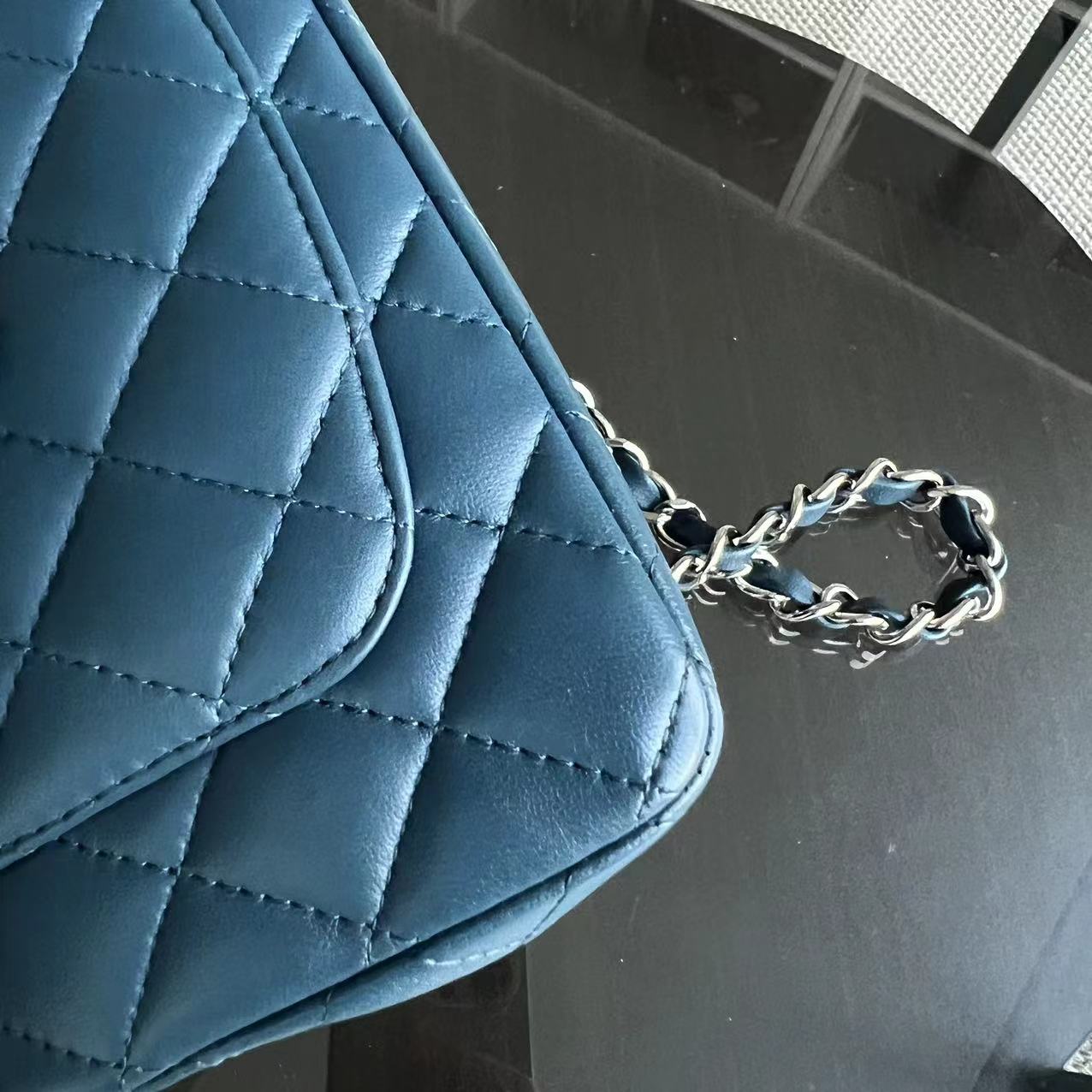 Mini Rectangle Classic Flap 20CM Quilted Lambskin Dark Blue Silver Hardware Series 28