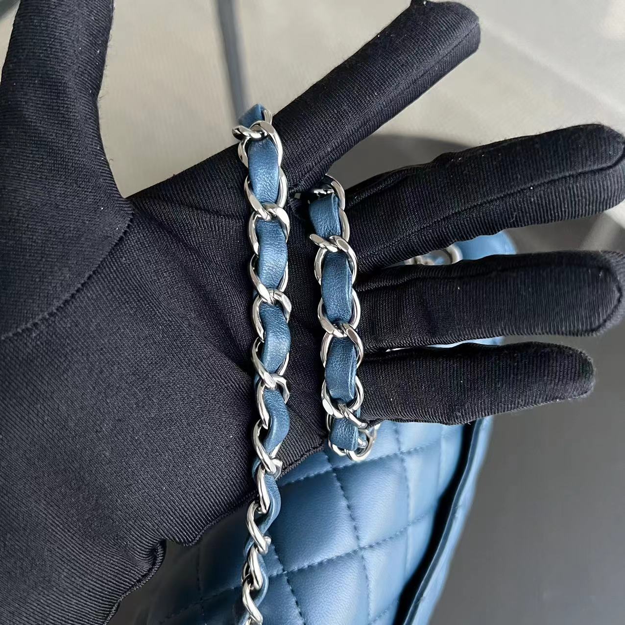 Mini Rectangle Classic Flap 20CM Quilted Lambskin Dark Blue Silver Hardware Series 28