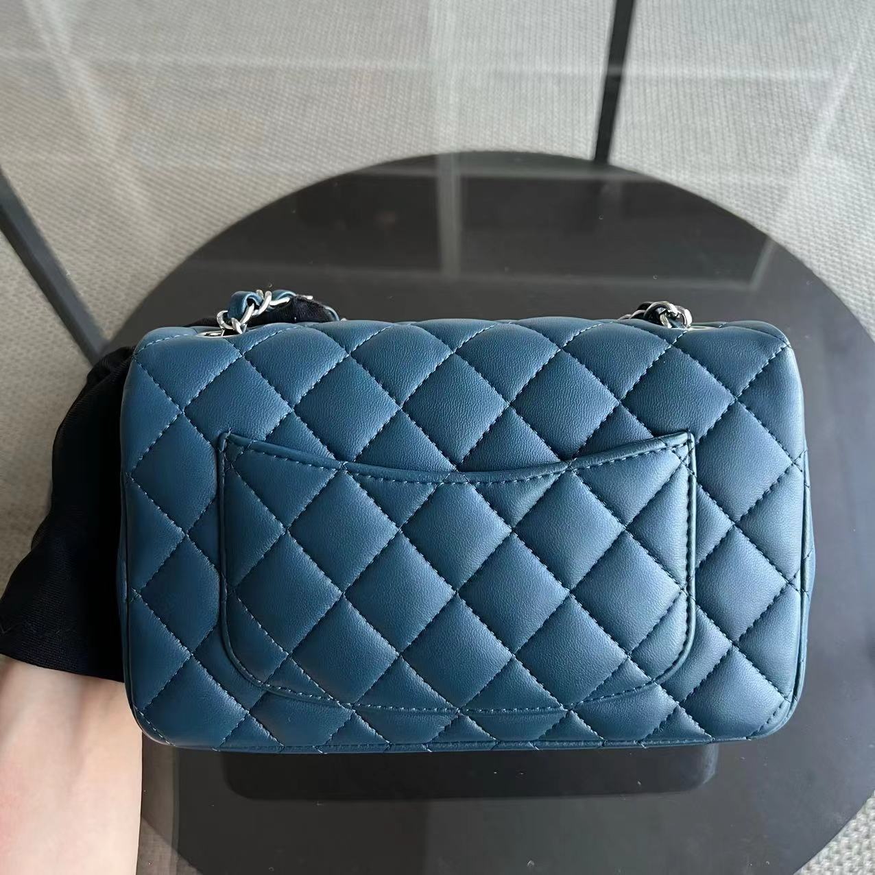 Mini Rectangle Classic Flap 20CM Quilted Lambskin Dark Blue Silver Hardware Series 28