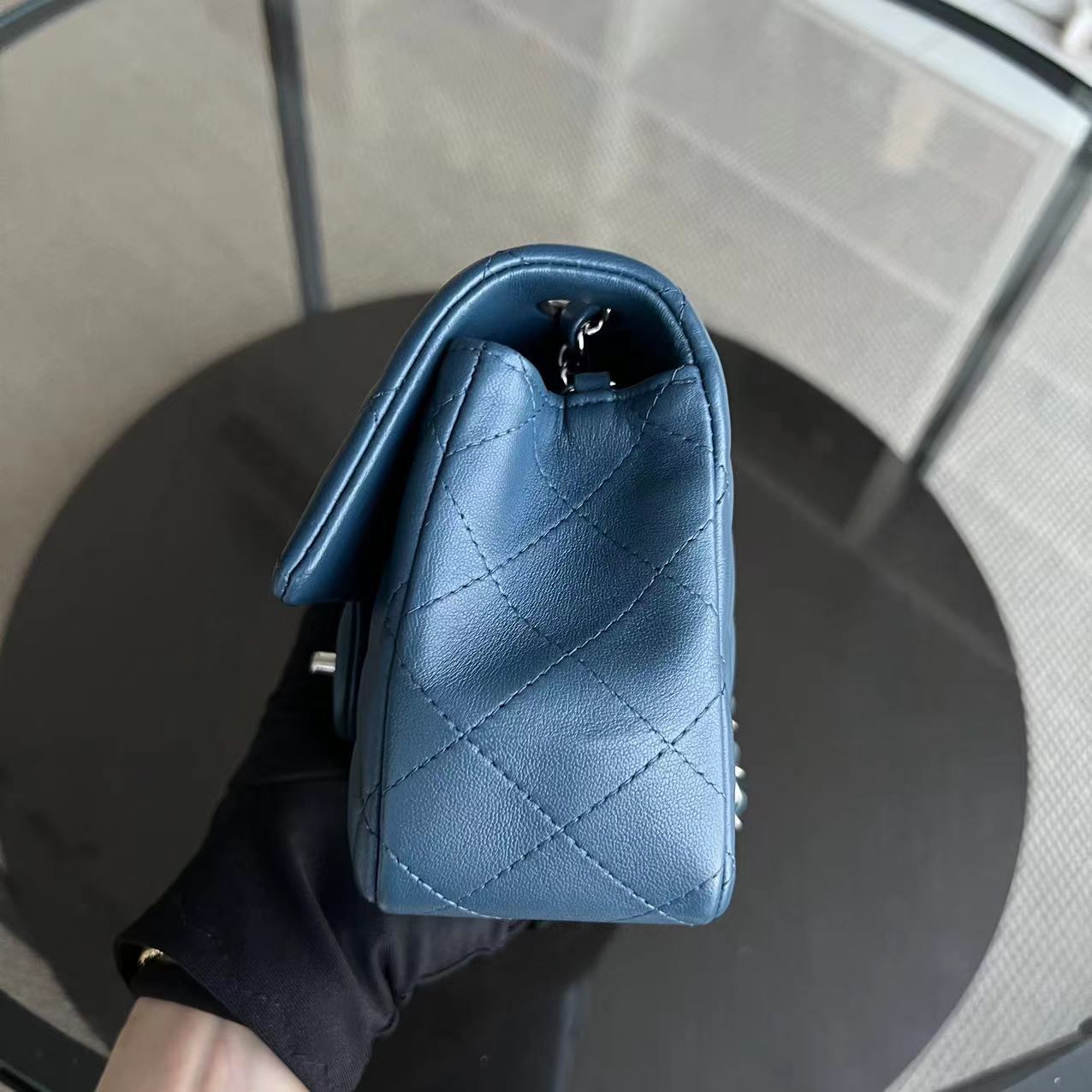 Mini Rectangle Classic Flap 20CM Quilted Lambskin Dark Blue Silver Hardware Series 28