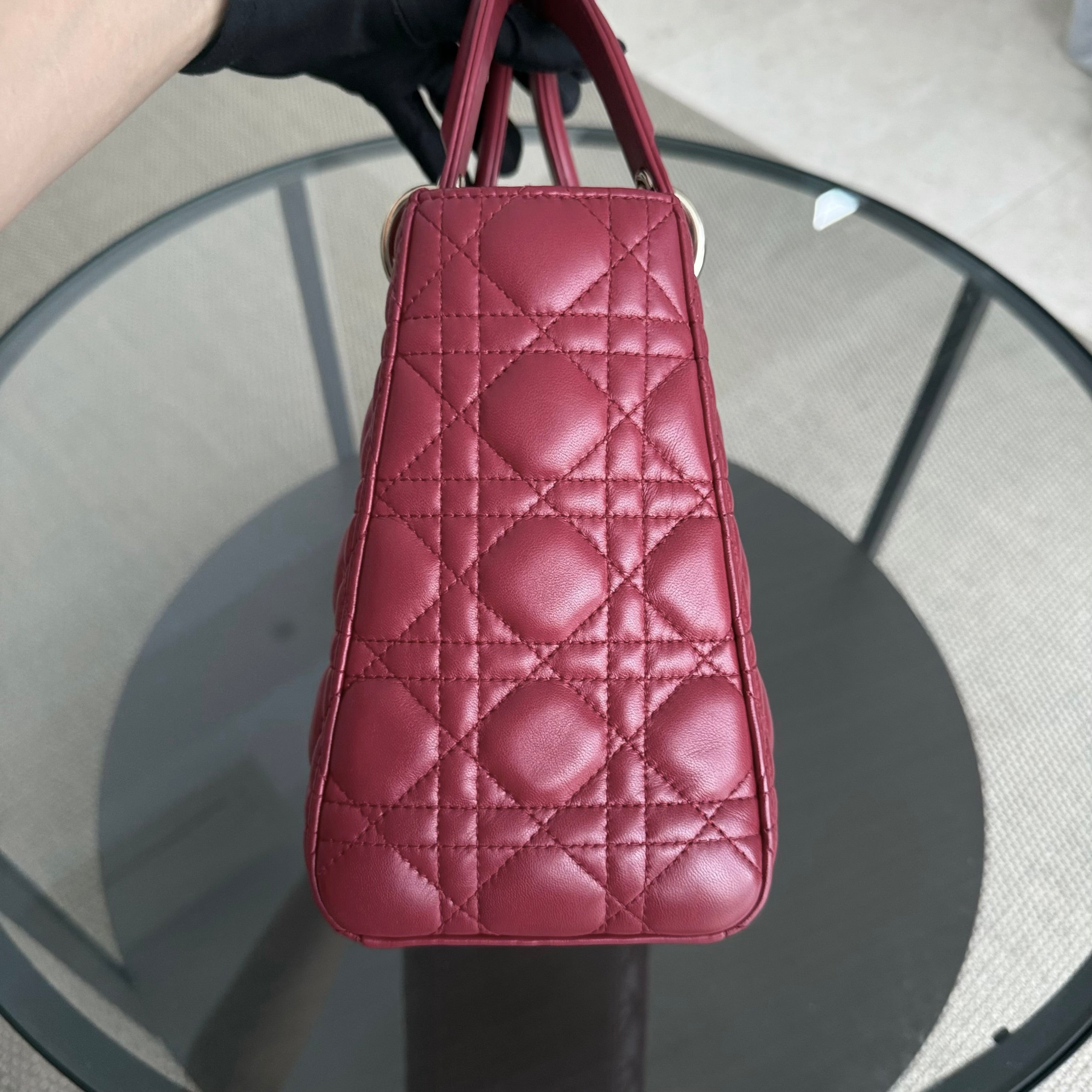 Dior Lady Medium - Cannage Lambskin Burgundy Dark Red Gold Hardware Adjustable Strap