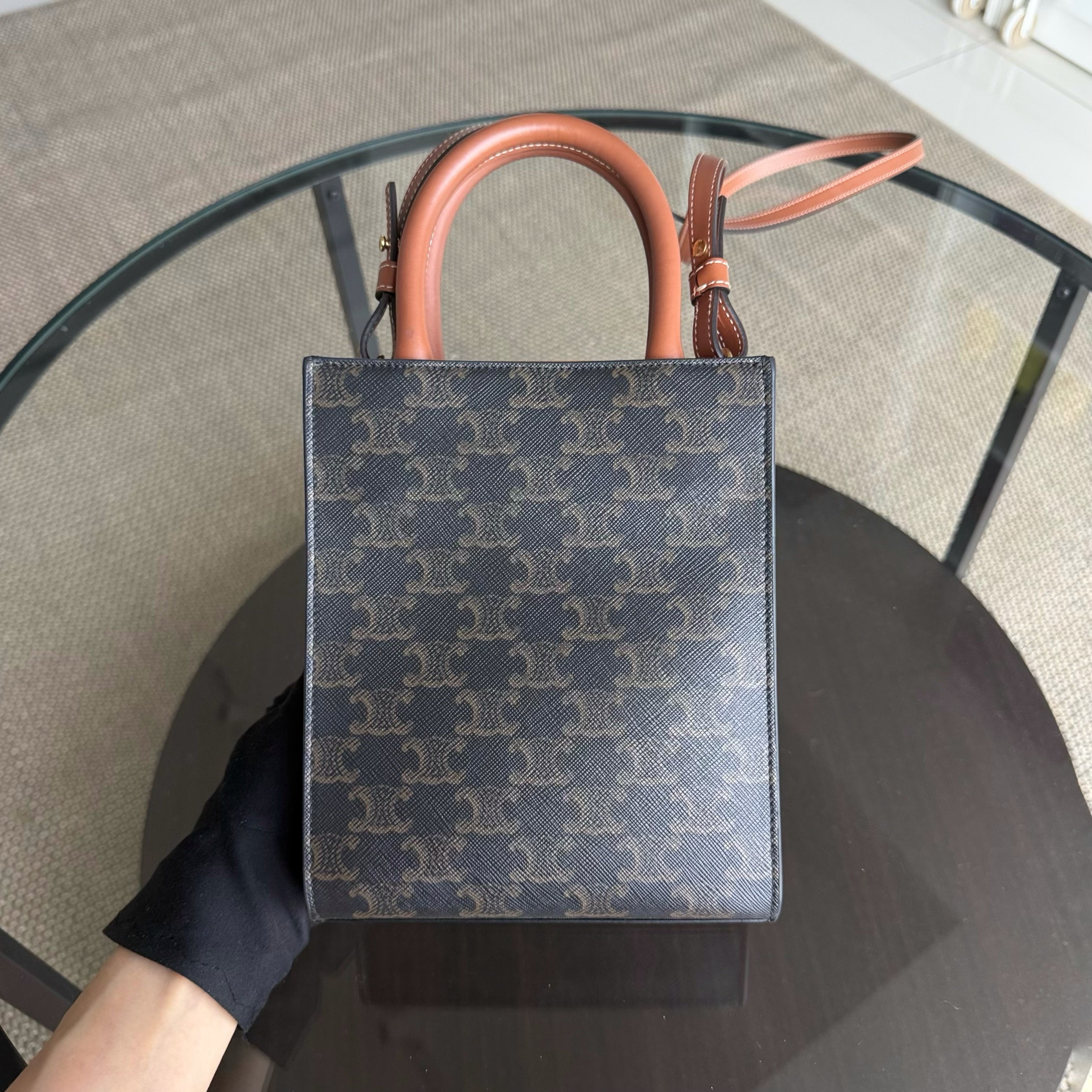 Celine Vertical Top Handle Bag Brown Coated Canvas Gold hardware