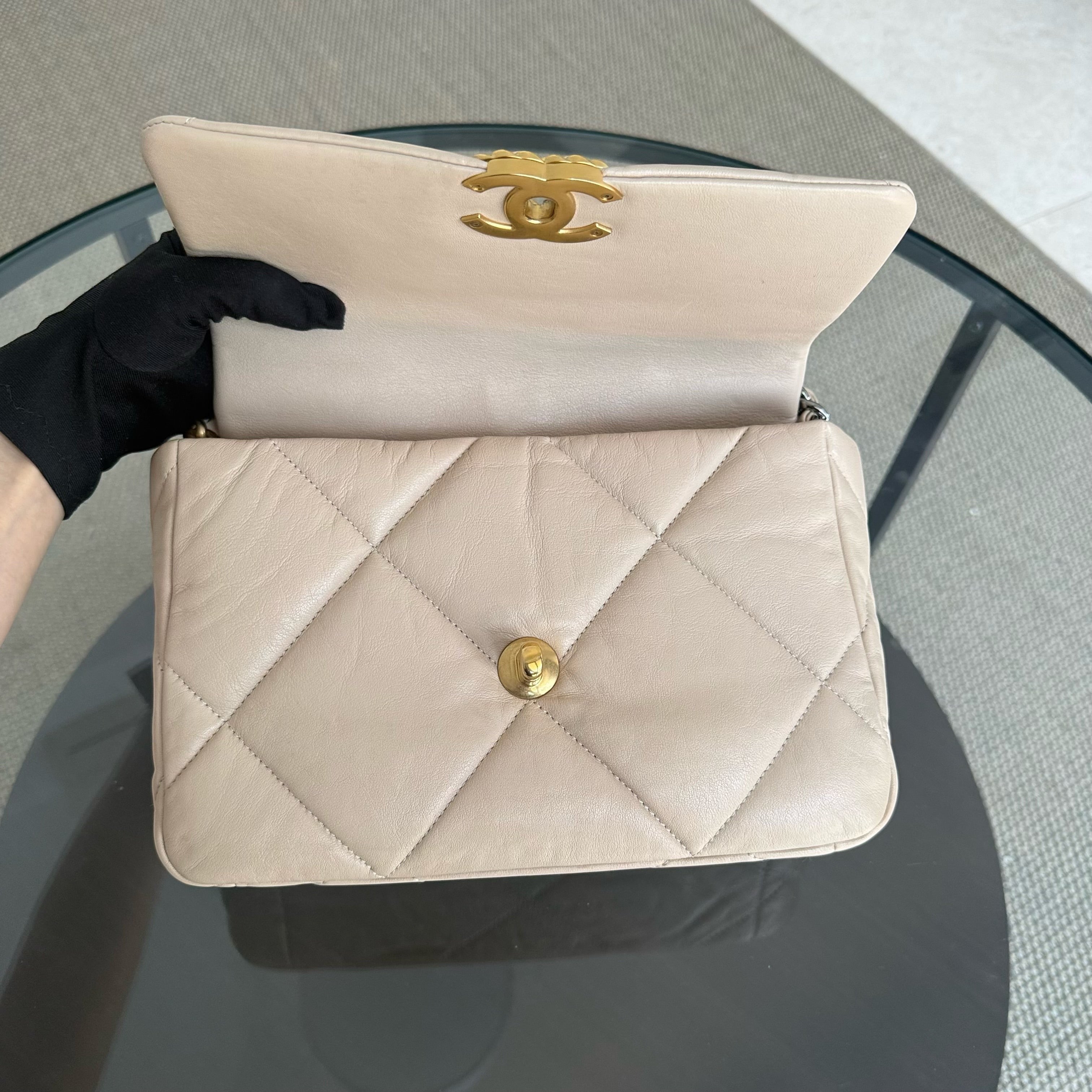 Chanel Small 19 Bag C19 Quilted Beige Two Tone Golden Hardware Series 30