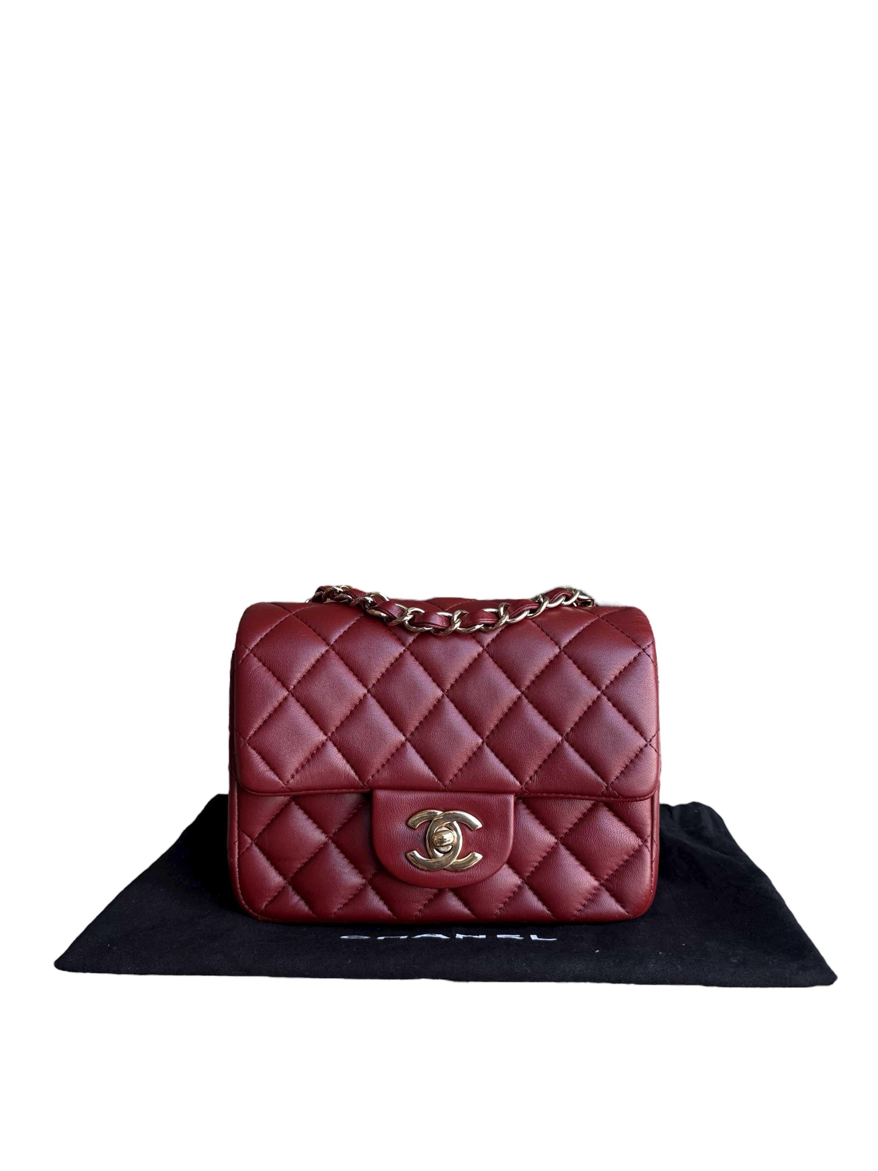 Chanel Classic Flap Mini Square - 17CM Quilted Lambskin Burgundy Gold Hardware Series 24