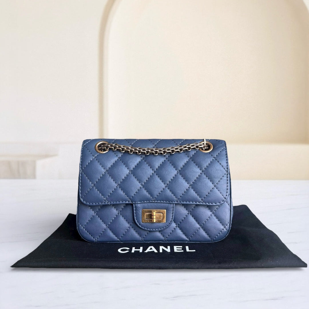 Chanel 2.55 Reissue Mini - 20CM Quilted Caviar Aged Grained Calfskin Blue Gold Hardware Series 23