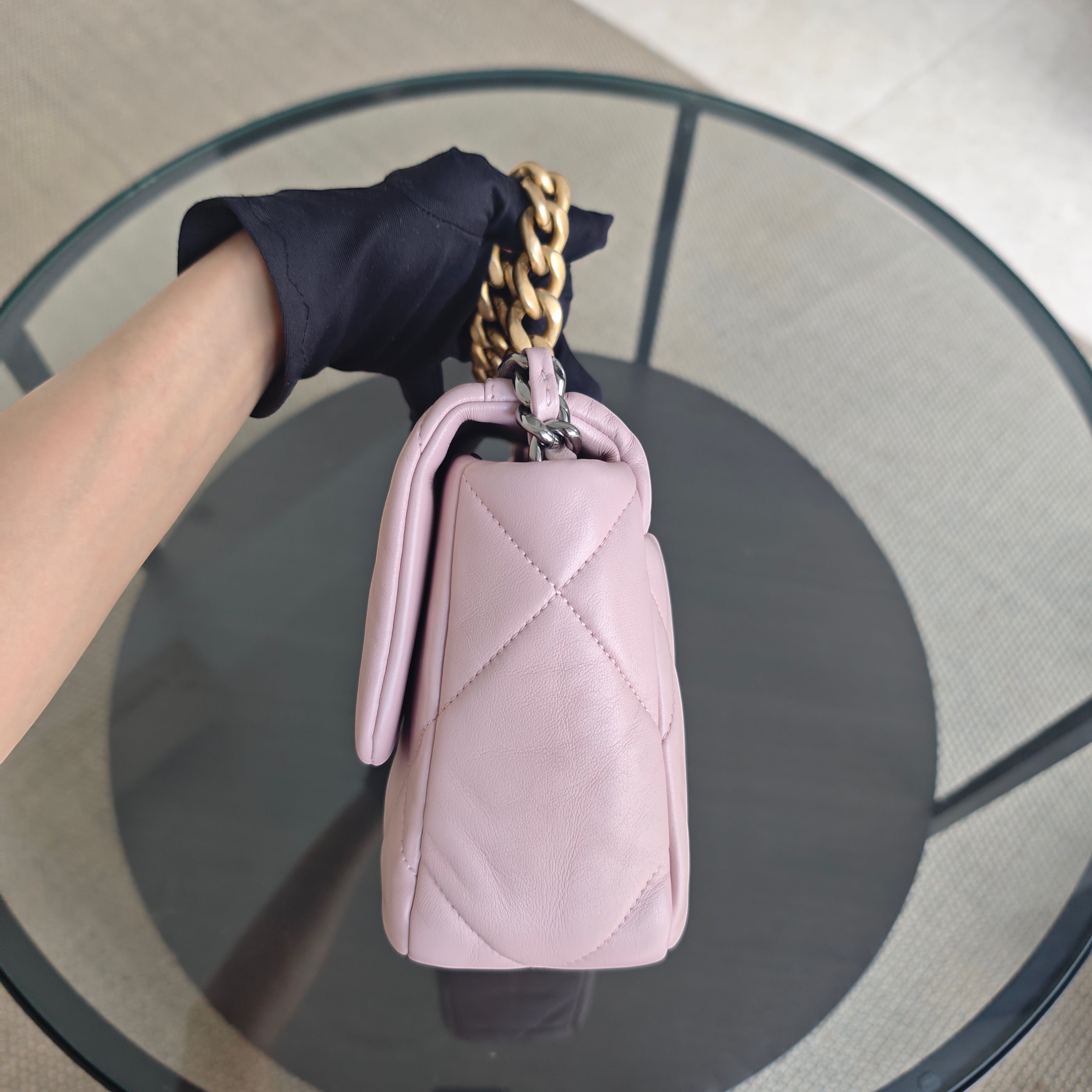 Chanel Small 19 Bag C19 Quilted Light Pink Two Tone Golden Hardware Series 31