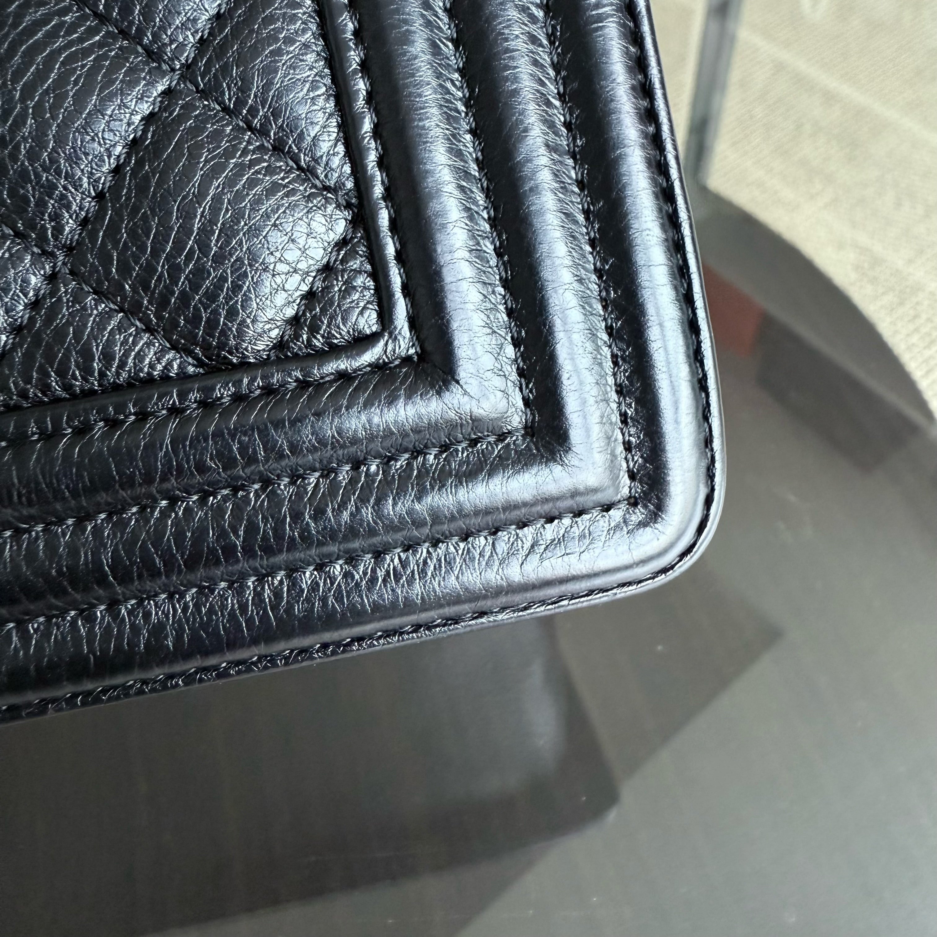 Chanel Boy Medium - 25CM Quilted Grained Calfskin Black Silver Hardware Series 23