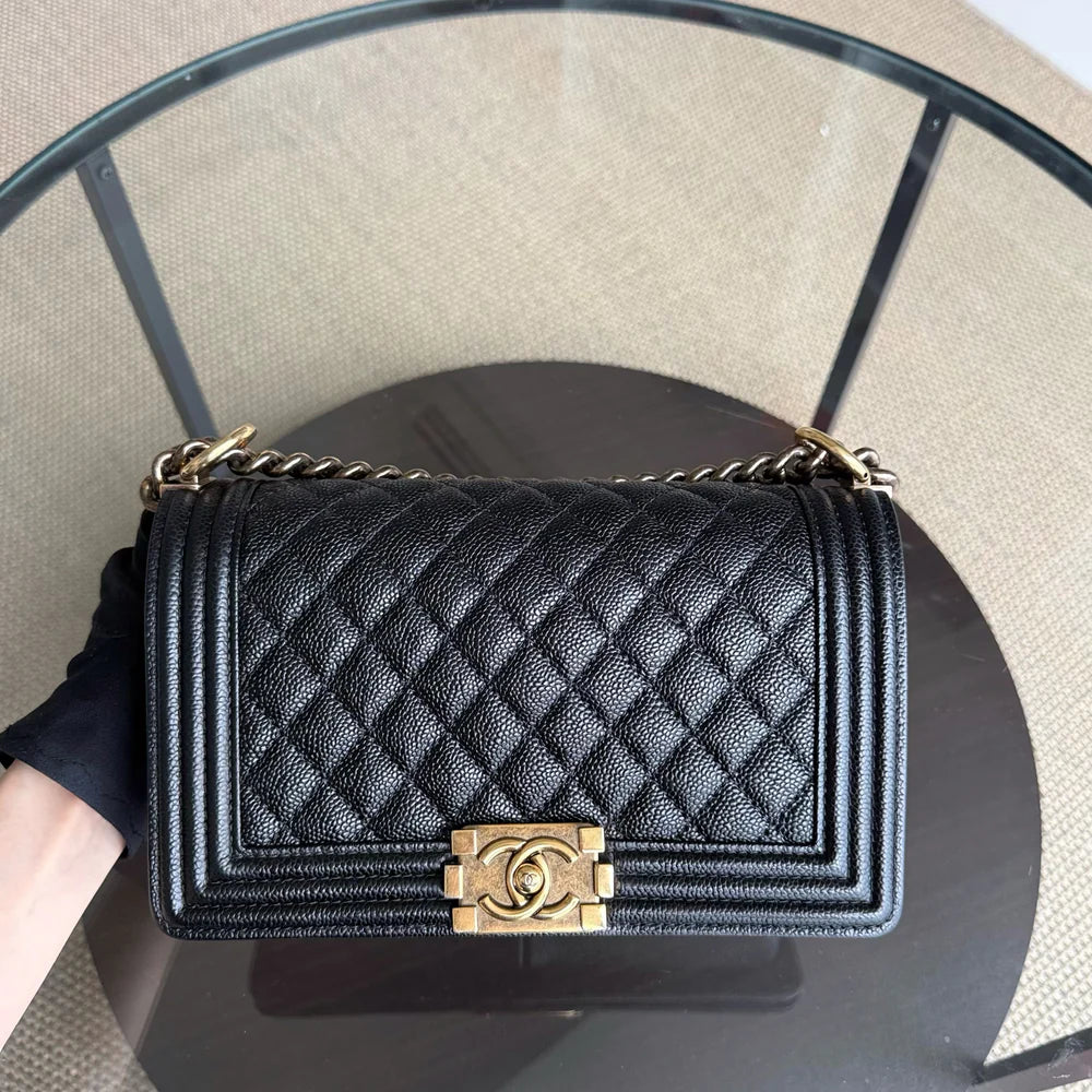 Chanel Boy Medium - Caviar 25CM Quilted Grained Calfskin Black Gold Hardware Series 19