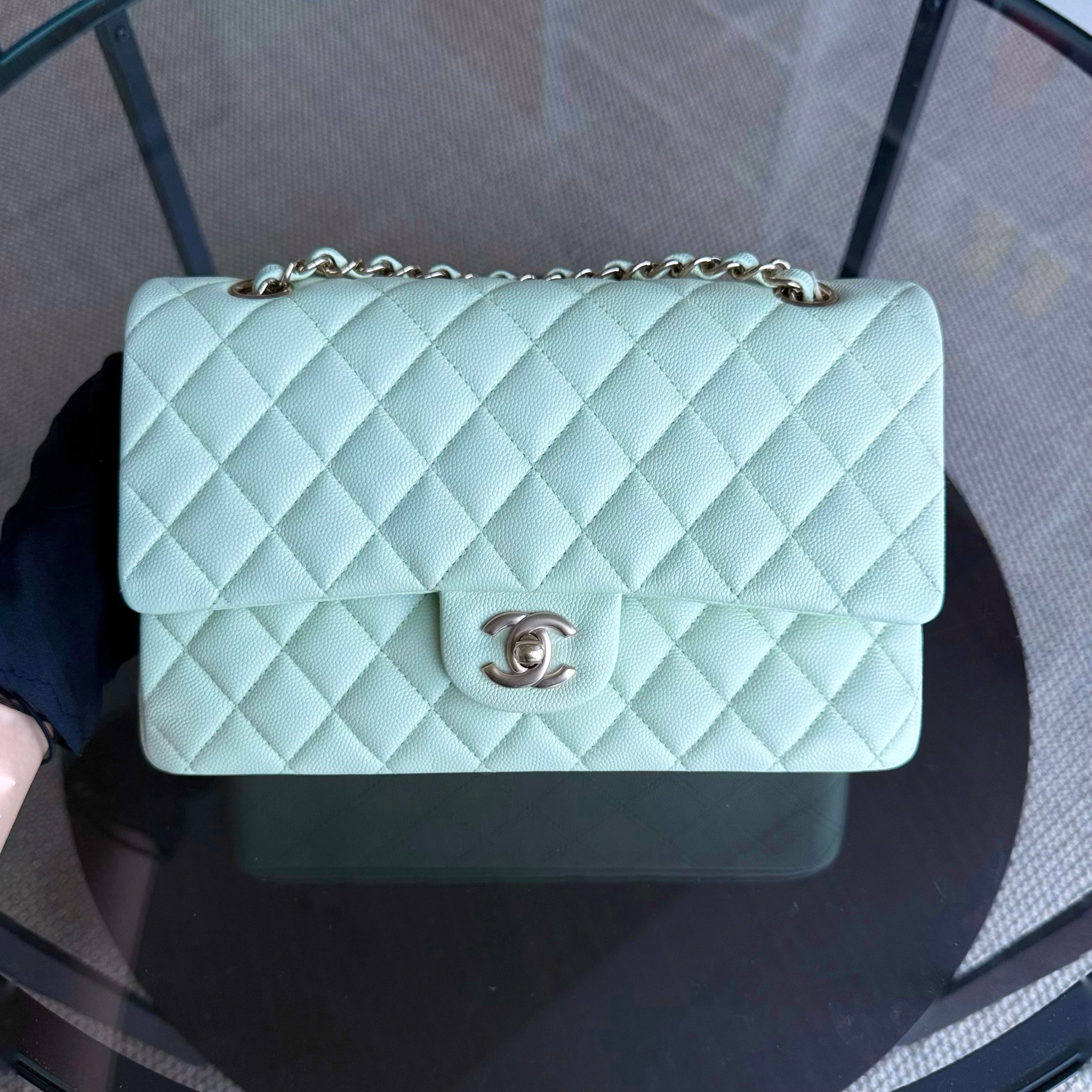 Chanel Classic Flap Medium - Caviar 25CM Quilted Grained Calfskin Light Mint Green Gold Hardware Microchip