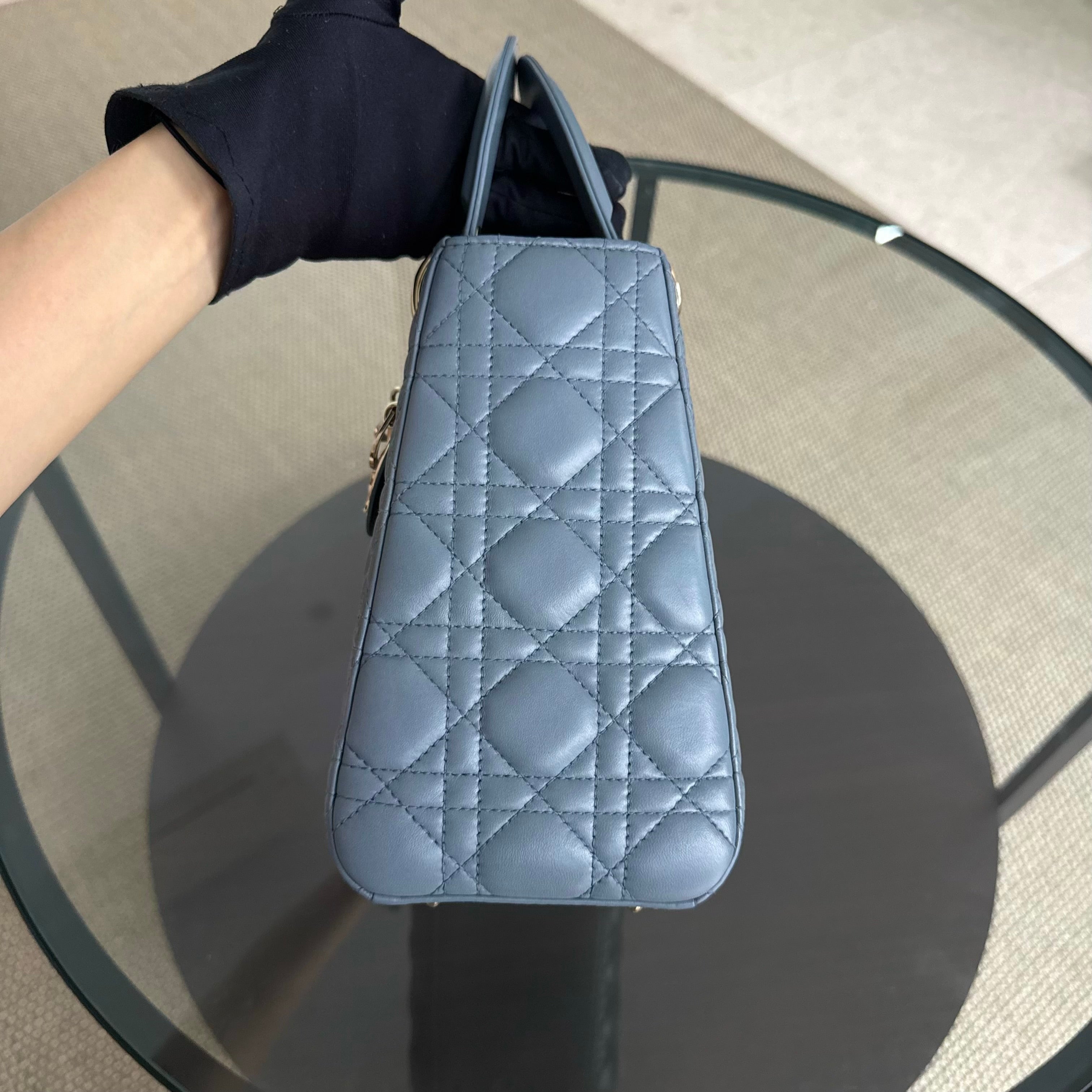 Dior Lady Medium - Cannage Lambskin Haze Blue Gold Hardware Adjustable Strap