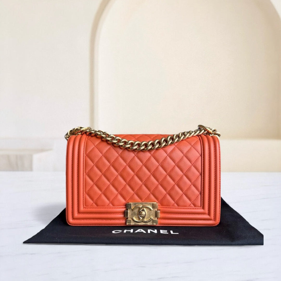 Chanel Boy Medium - 25CM Quilted Clafskin Caramel Aged Gold Hardware Series 20