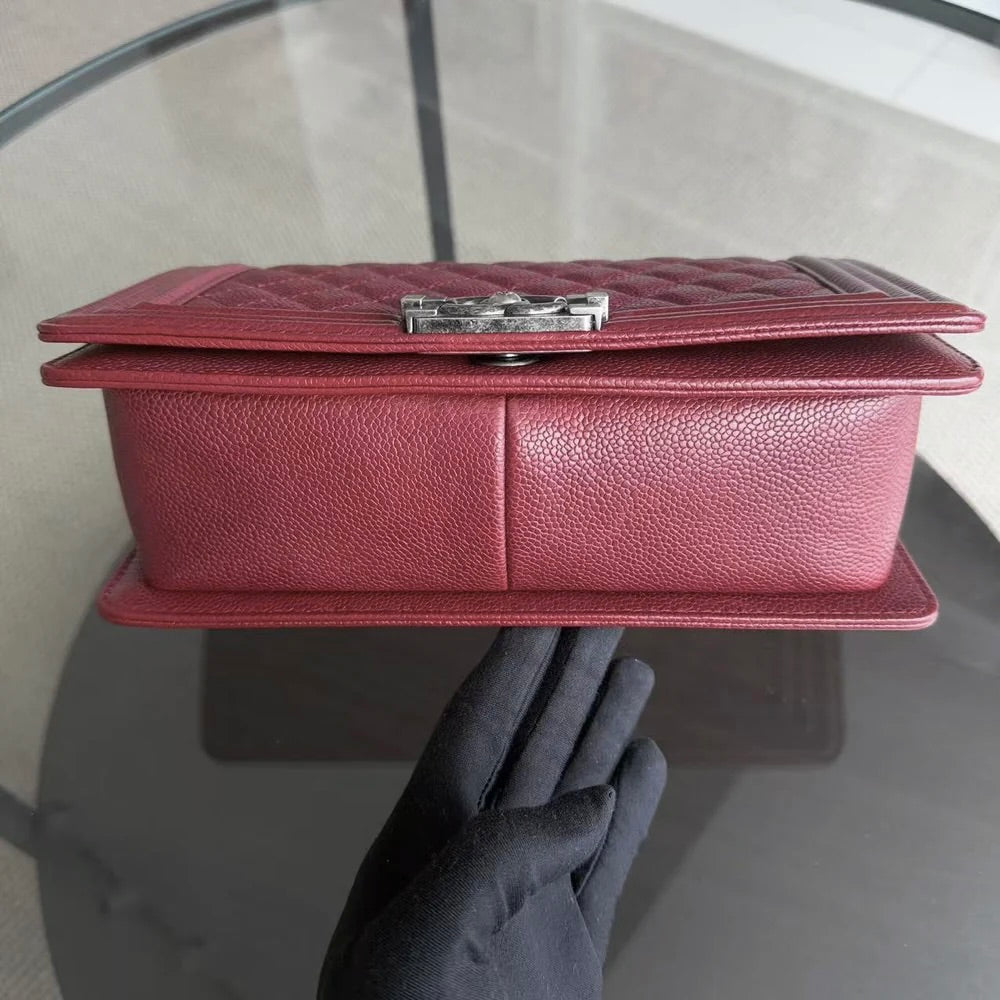 Chanel Boy Medium - Caviar 25CM Quilted Burgundy Dark Red Ruthenium Silver Hardware Series 19