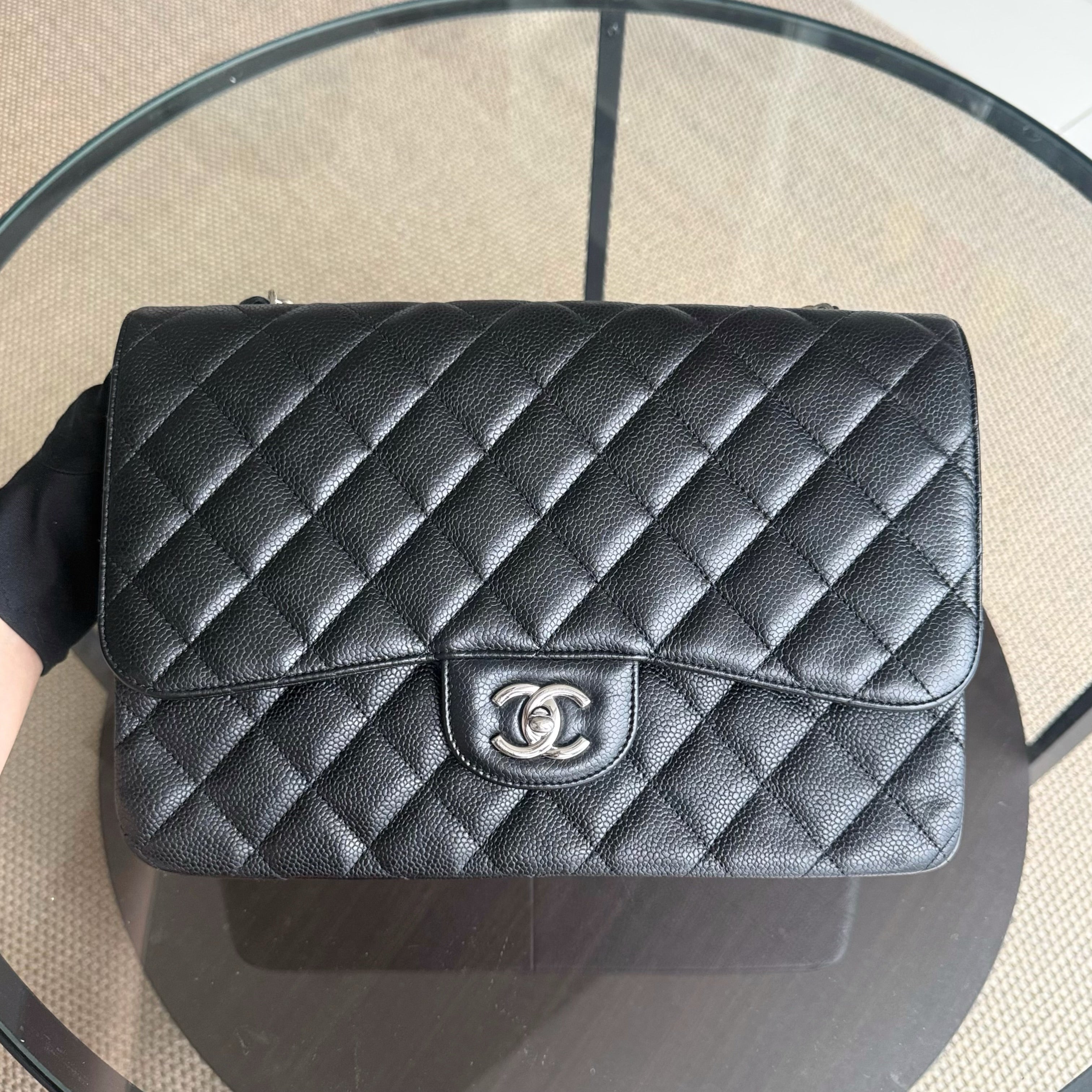 Chanel Caviar Jumbo Classic Flap Quilted Grained Calfskin Black Silver Hardware Series 13