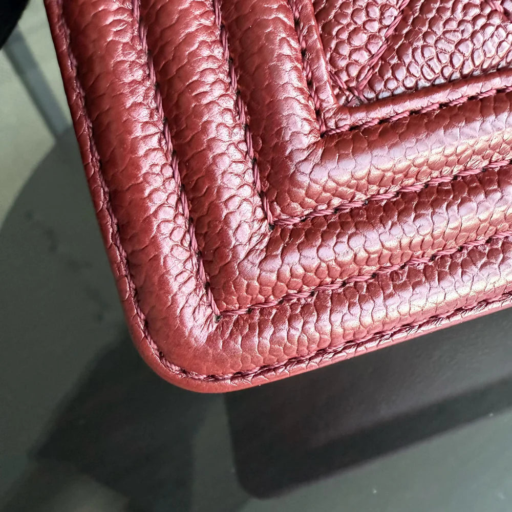 Chanel Boy Medium - 28CM Caviar Quilted Grained Calfskin Burgundy Dark Red Silver Hardware Series 19