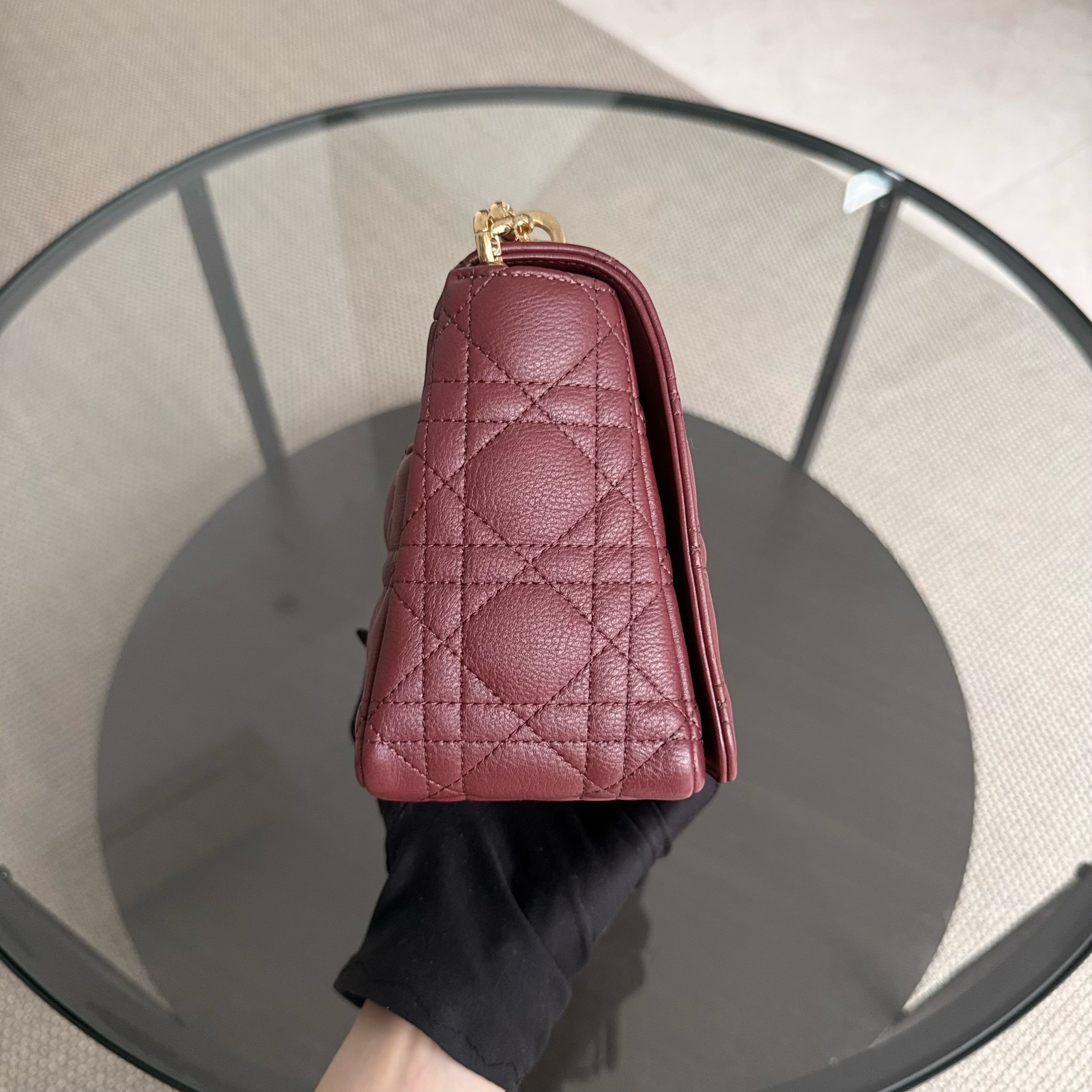 Dior Caro Medium - Cannage Grained Calfskin Burgundy Gold Hardware