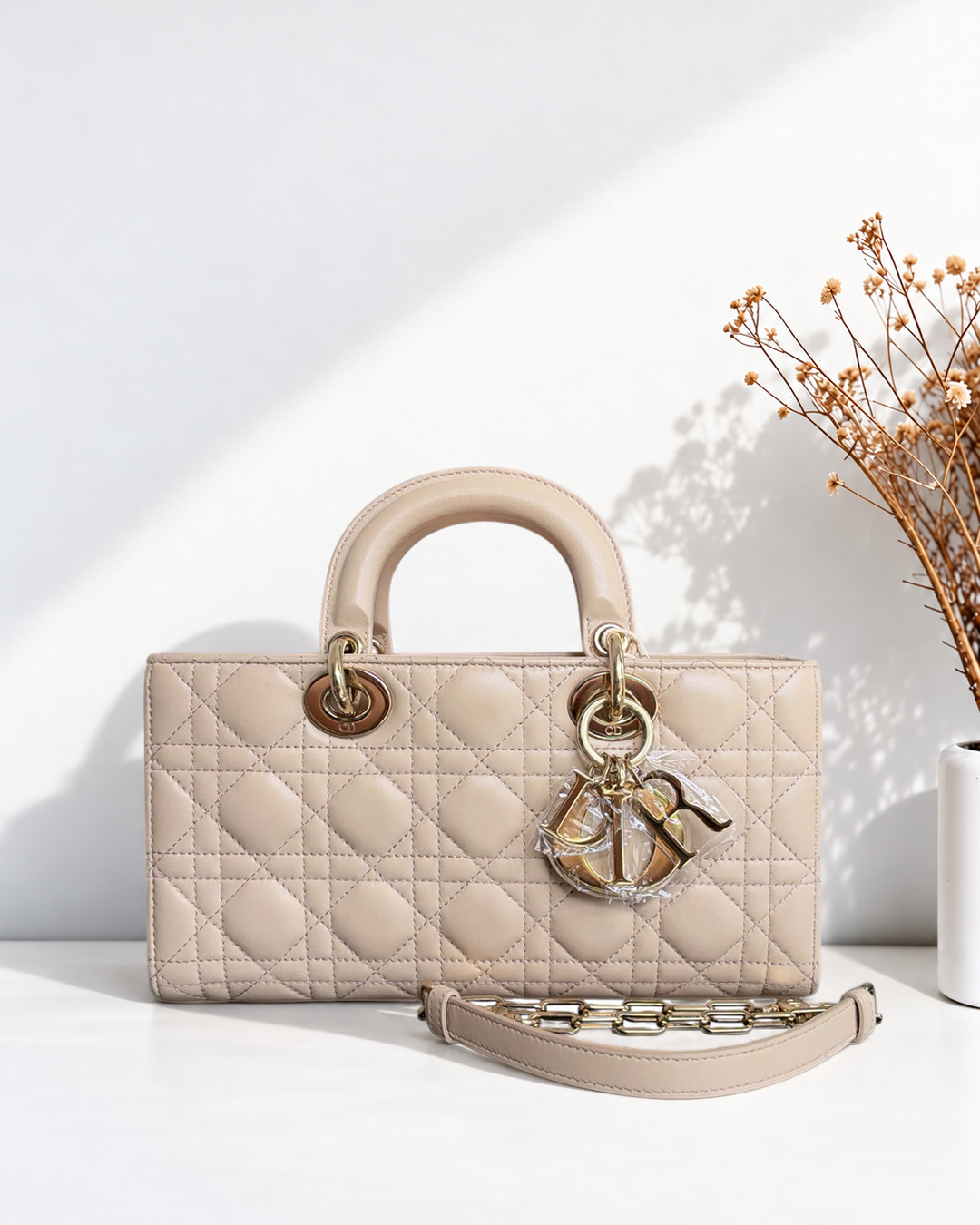 Dior D-joy Medium - Cannage Lambskin Beige Gold Hardware
