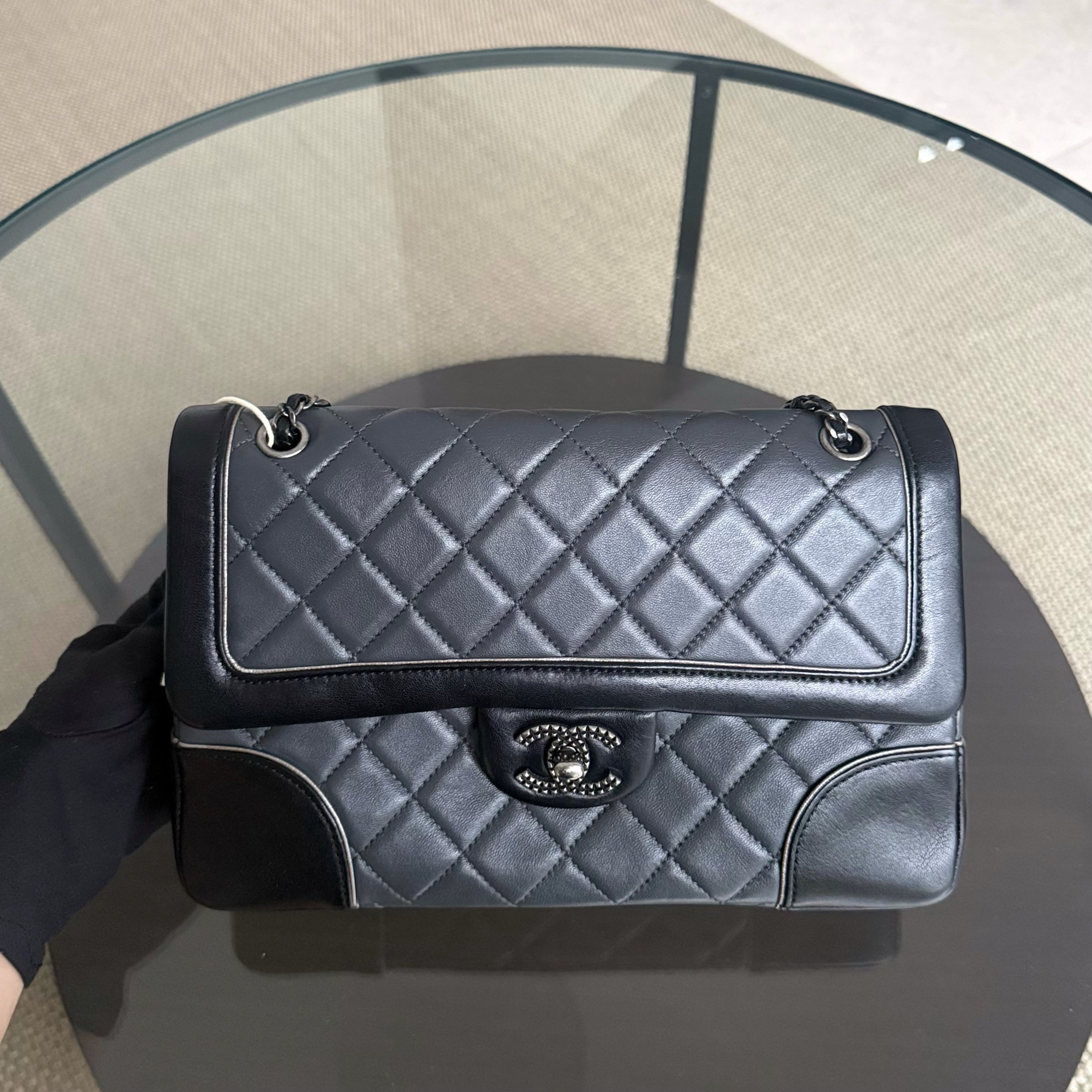 Chanel Flap Medium - Calfskin 25CM Quilted Dark Gray Ruthenium Silver Hardware Series 21