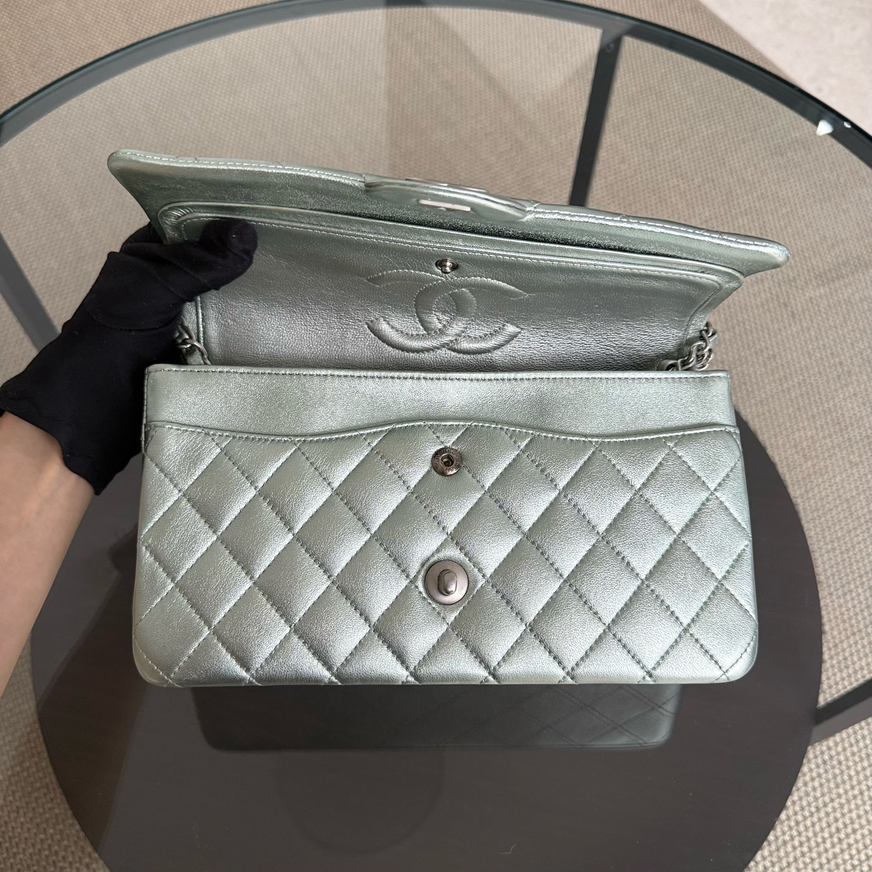 Chanel Classic Flap Medium - 25CM Quilted Lambskin Irridescent Light Green Silver Hardware Series 14