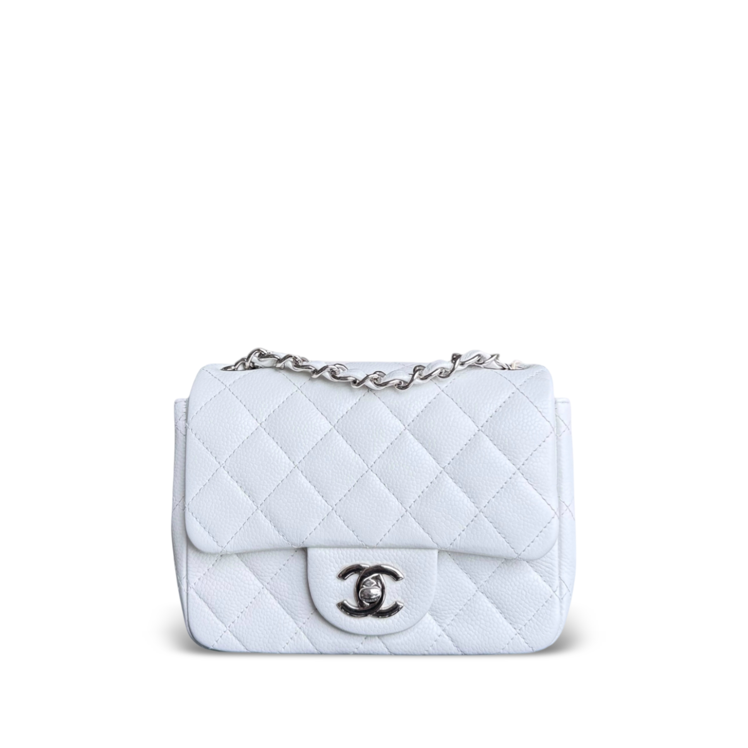 Chanel Classic Flap Mini Square - Caviar Quilted White Silver Hardware Series 18