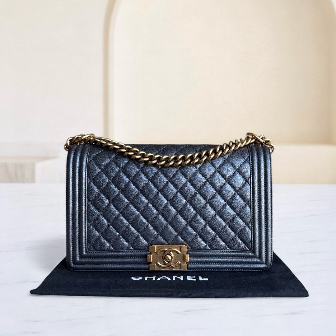 Chanel Boy New Medium - 28CM Quilted Grained Calfskin Dark Gray Ruthenium Gold Hardware Series 20