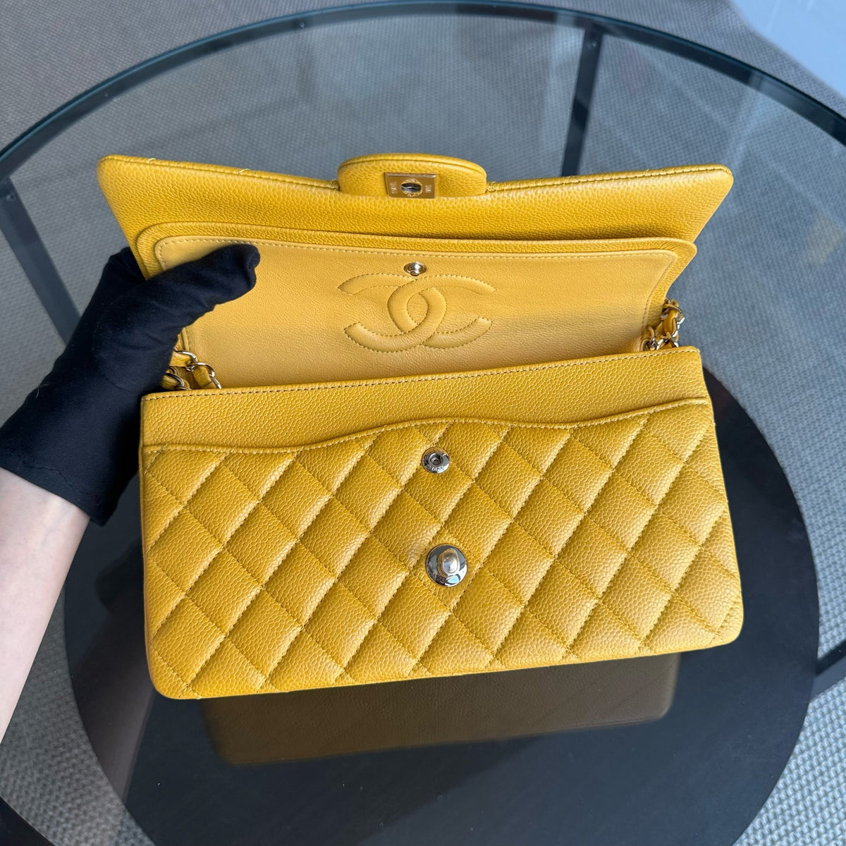 Chanel Classic Flap Medium - Caviar Quilted Yellow Mustard Gold Hardware Series 25