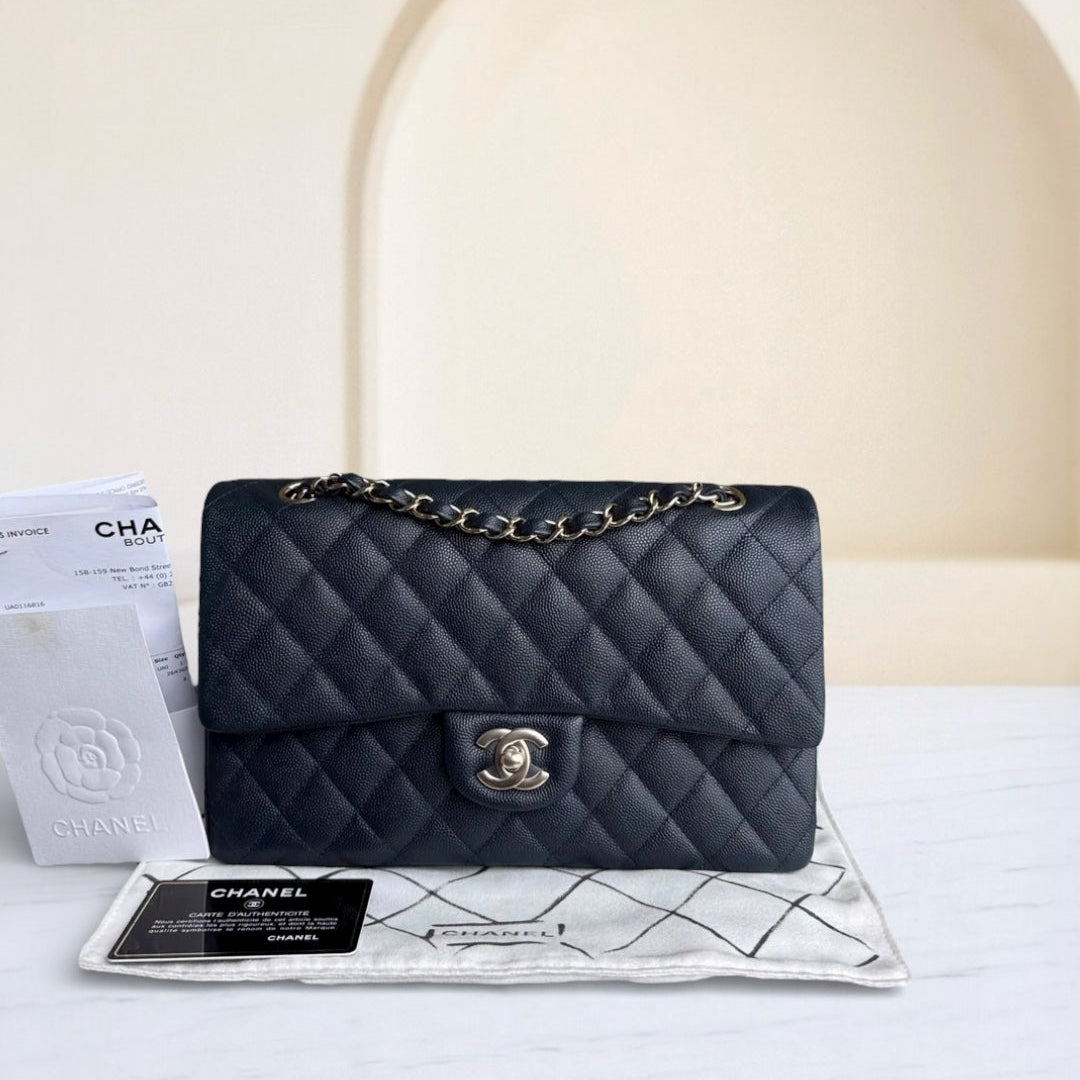 Chanel Classic Flap Medium - Caviar 25CM Quilted Dark Navy Blue Light Gold Hardware Series 26