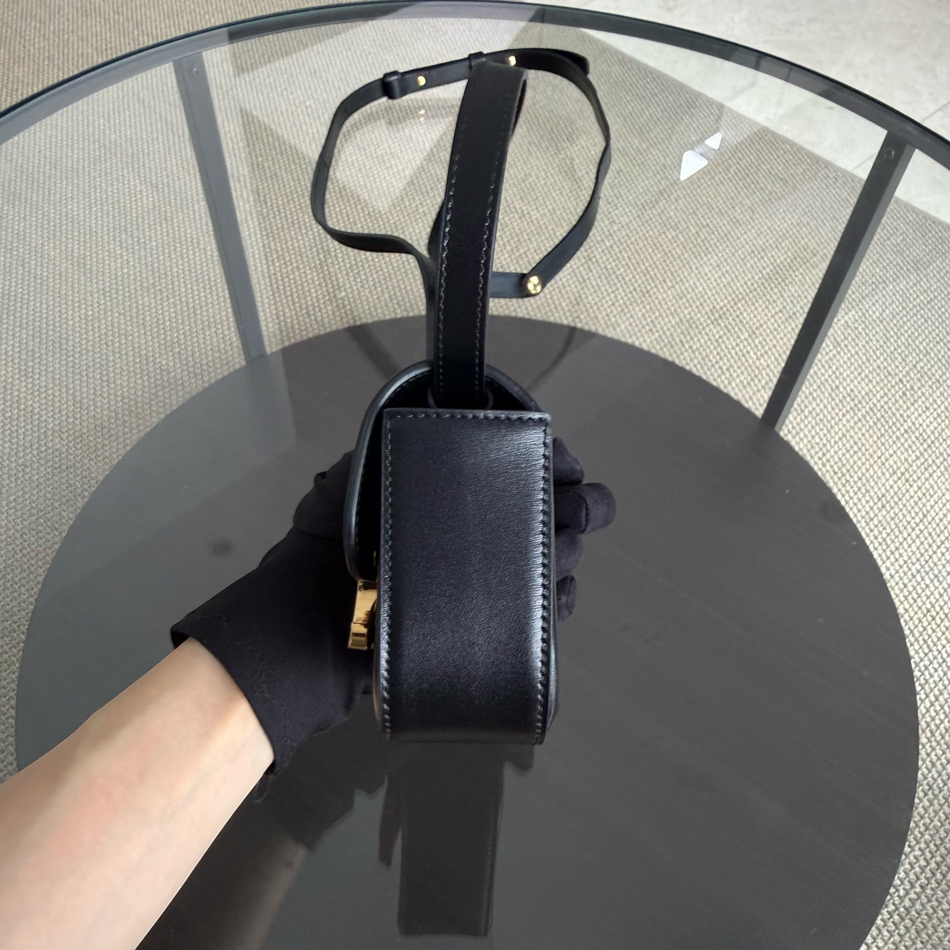 Celine Triomphe Mini Claude Flap Bag in Black Shiny Calfskin and GHW