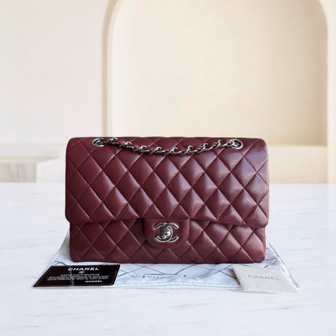 Chanel Classic Flap Medium - Caviar 25CM Quilted Grained Calfskin Burgundy Dark Red Silver Hardware Series 15