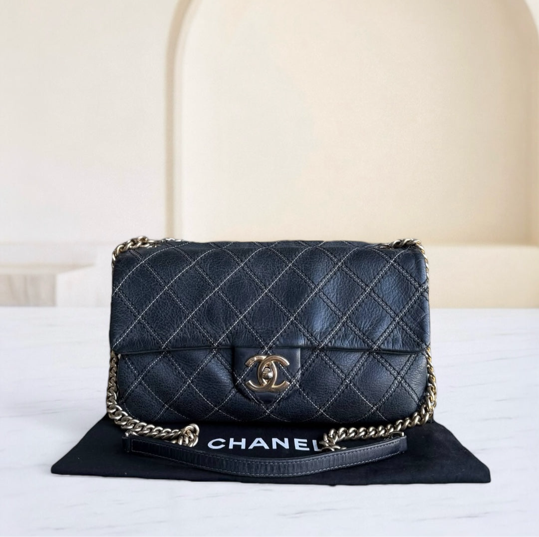 Chanel Seasonal Flap - Iridescent Stitch Quilted Leather Dark Blue Gold Hardware Series 19