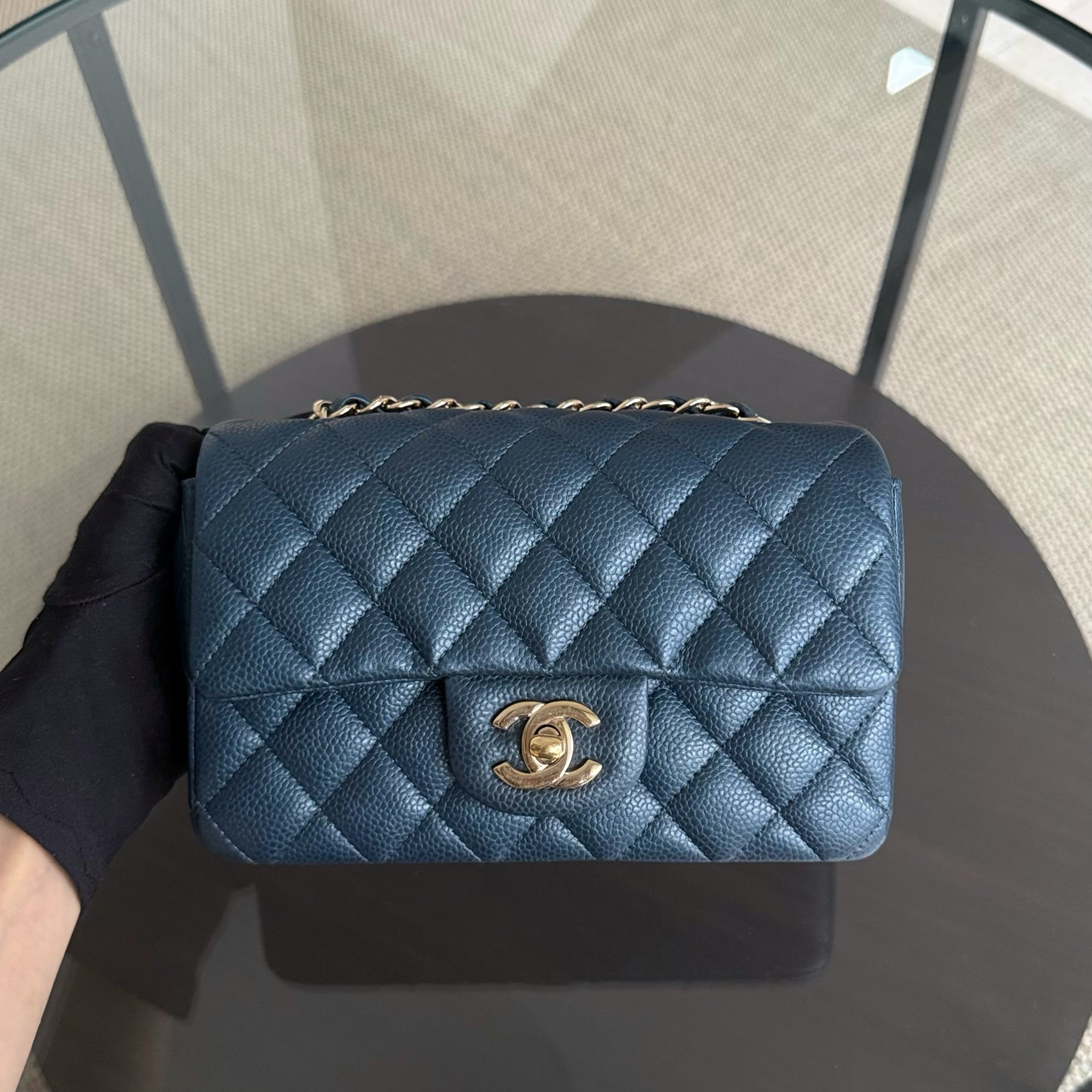 Chanel Caviar Mini Rectangle Classic Flap - 20CM Quilted Blue Gold Hardware Series 25